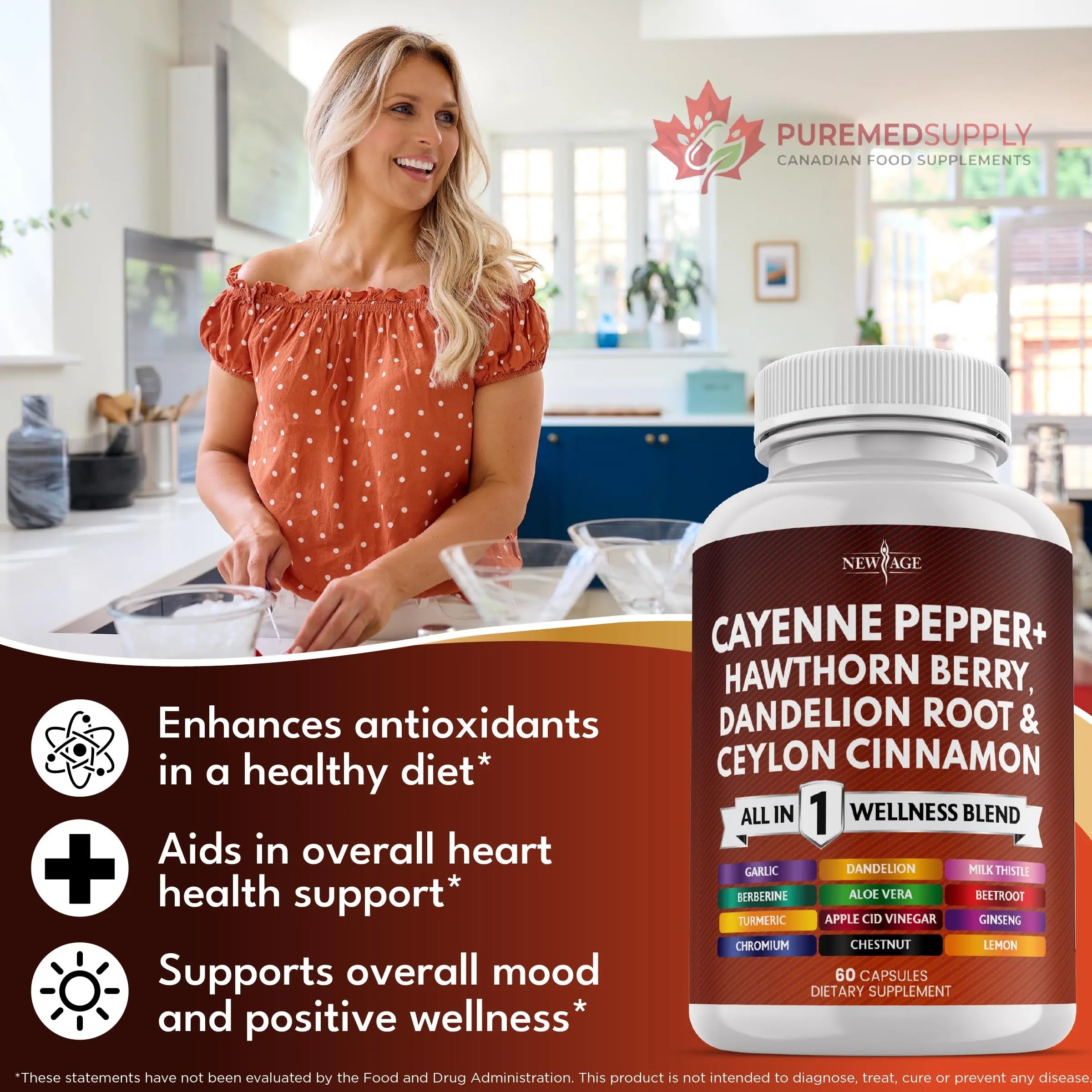 NEW AGE Cayenne Pepper Capsules Supplement with Hawthorn Berry, Dandelion Root, Ceylon Cinnamon, Garlic, Ginger, ACV, Milk Thistle, Beet Root, Aloe Vera - 120 Count NEW AGE buy supplements canada