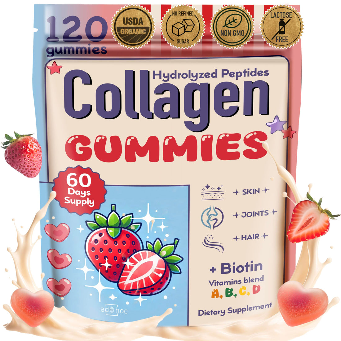 Collagen Peptides Gummies for Women – Biotin, Zinc, Vitamin D3 – 120 Count – Hydrolyzed Collagen Gummy Complex – Hair, Skin & Nails Support – Sugar-Free, Halal, Lactose-Free, Strawberry Cream Flavor ad hoc buy supplements canada