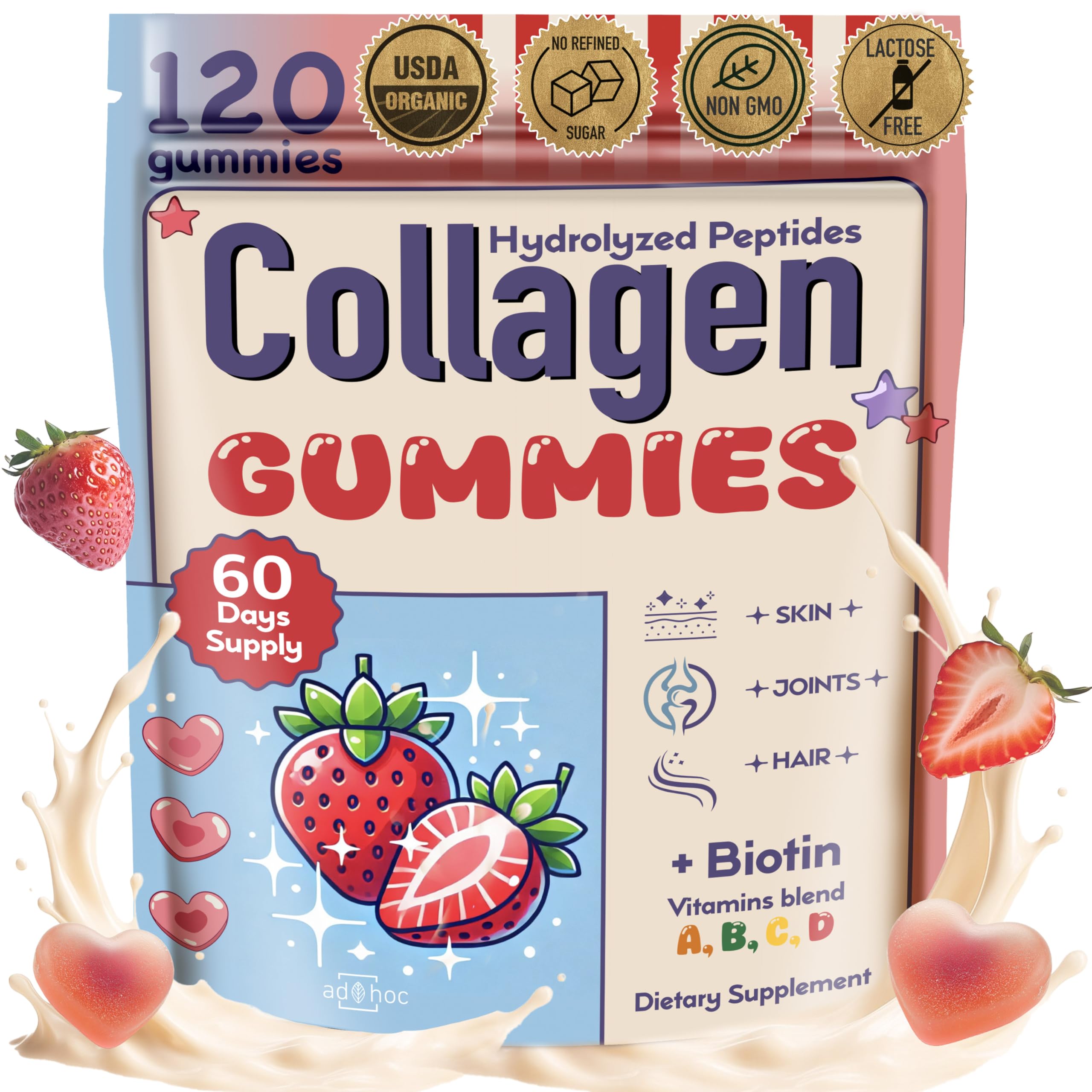 Collagen Peptides Gummies for Women – Biotin, Zinc, Vitamin D3 – 120 Count – Hydrolyzed Collagen Gummy Complex – Hair, Skin & Nails Support – Sugar-Free, Halal, Lactose-Free, Strawberry Cream Flavor ad hoc buy supplements canada