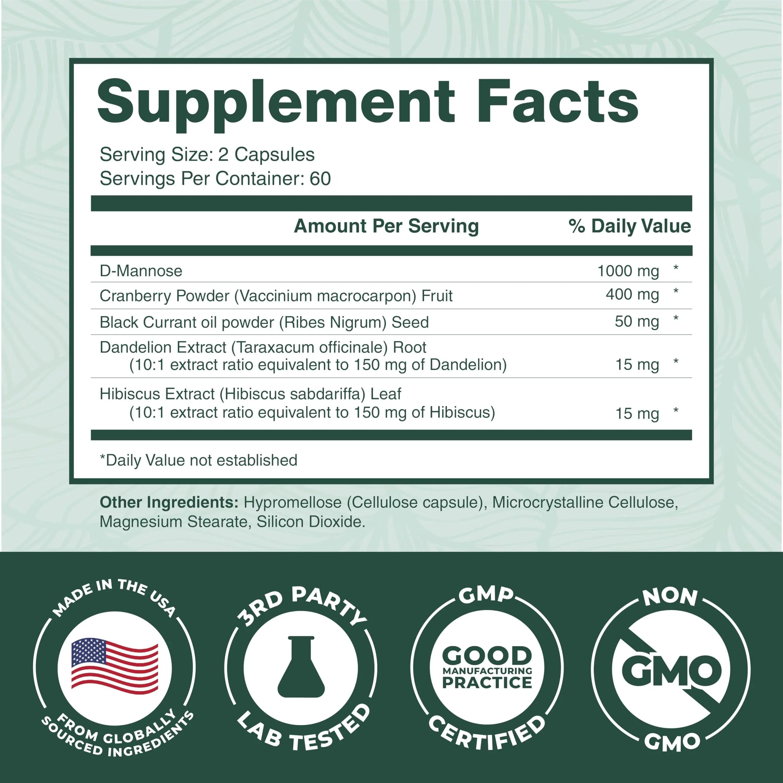 PurePremium D-Mannose with Cranberry, Hibiscus & Dandelion - 1000mg D-Mannose Supplements for Women Supports Urinary Tract Health & Bladder Health - Made in USA, Vegan, 120 Capsules, 2 Month Supply PurePremium Supplements buy supplements canada