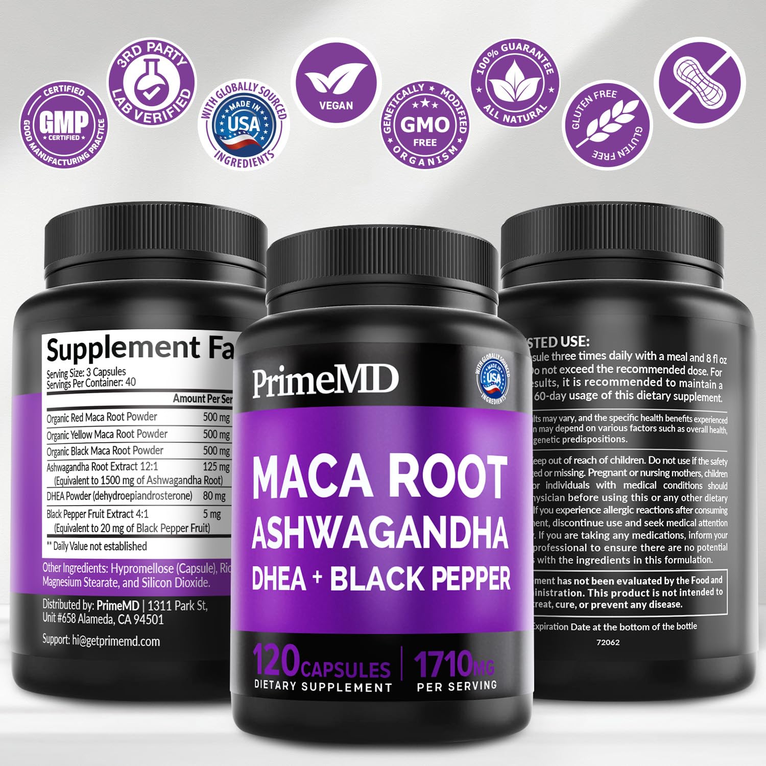 6-in-1 Organic Maca Root Ashwagandha Capsules 1710mg with DHEA and Black Pepper Fruit Extract for Women and Men - Black Maca Supplement for Stamina, Bone and Mood Support Supplement, 120ct (Pack of 3) PrimeMD buy supplements canada