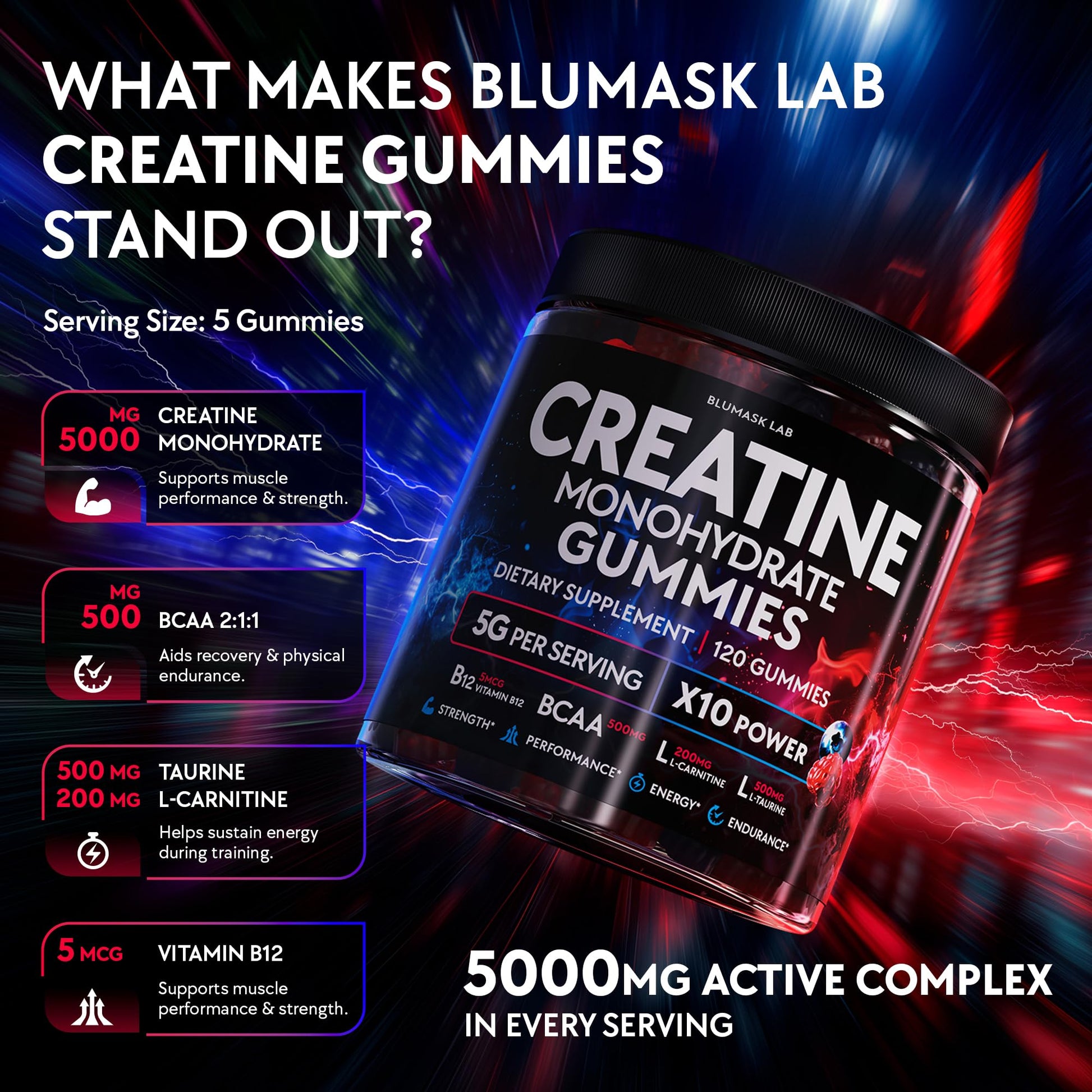 Creatine Monohydrate Gummies Complex 5000 MG for Men & Women, Preworkout Gummy with BCAA, L-Carnitine, Taurine & Vitamin B12 for Muscle Growth, Blumask Lab buy supplements canada
