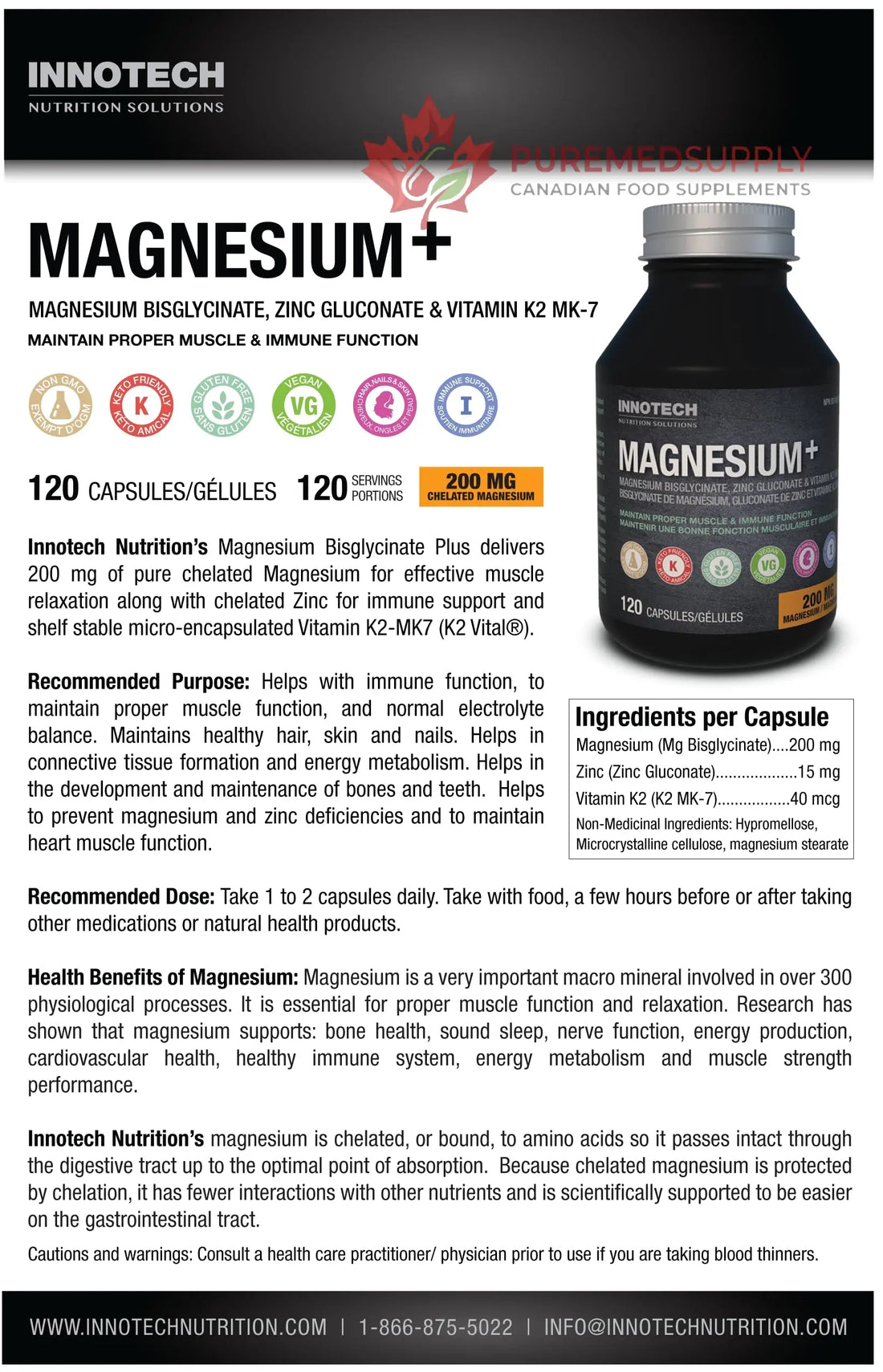 Innotech Nutrition Magnesium Plus Muscle Bone & Sleep Support Magnesium Bisglycinate Zinc & Vitamin K2 120 Vegan Capsules Innotech Nutrition Solutions buy supplements canada
