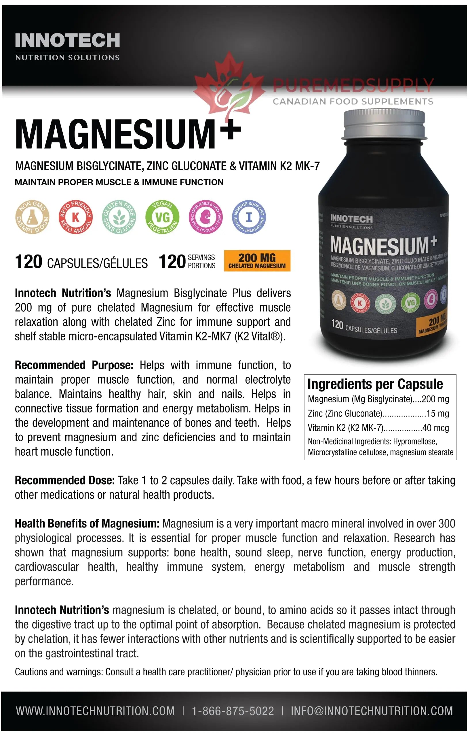 Innotech Nutrition Magnesium Plus Muscle Bone & Sleep Support Magnesium Bisglycinate Zinc & Vitamin K2 120 Vegan Capsules Innotech Nutrition Solutions buy supplements canada