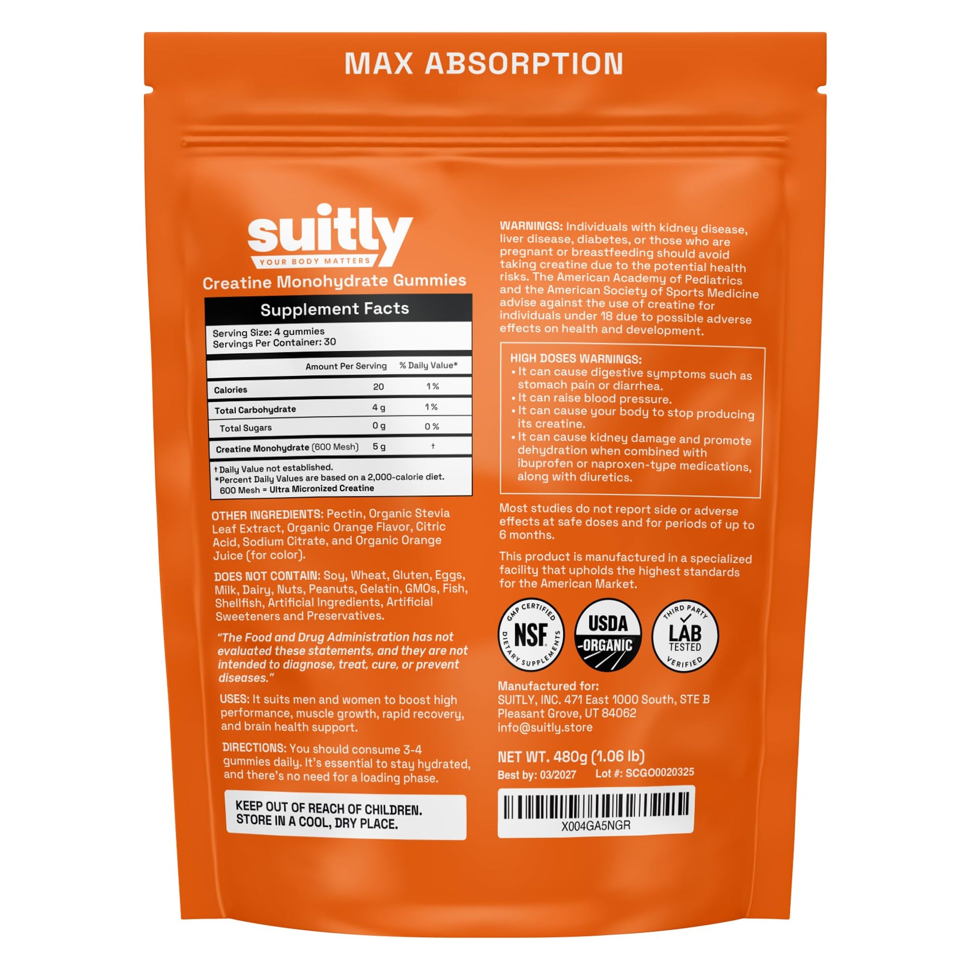 USDA Organic Ultra-Micronized Creatine Gummies for Men & Women; Orange Max Absorption 5g Creatine Gummies Sugar Free for Muscle Gain, Energy & Recovery; Muscle Builder for Women with Pouch - 120 Count Suitly buy supplements canada