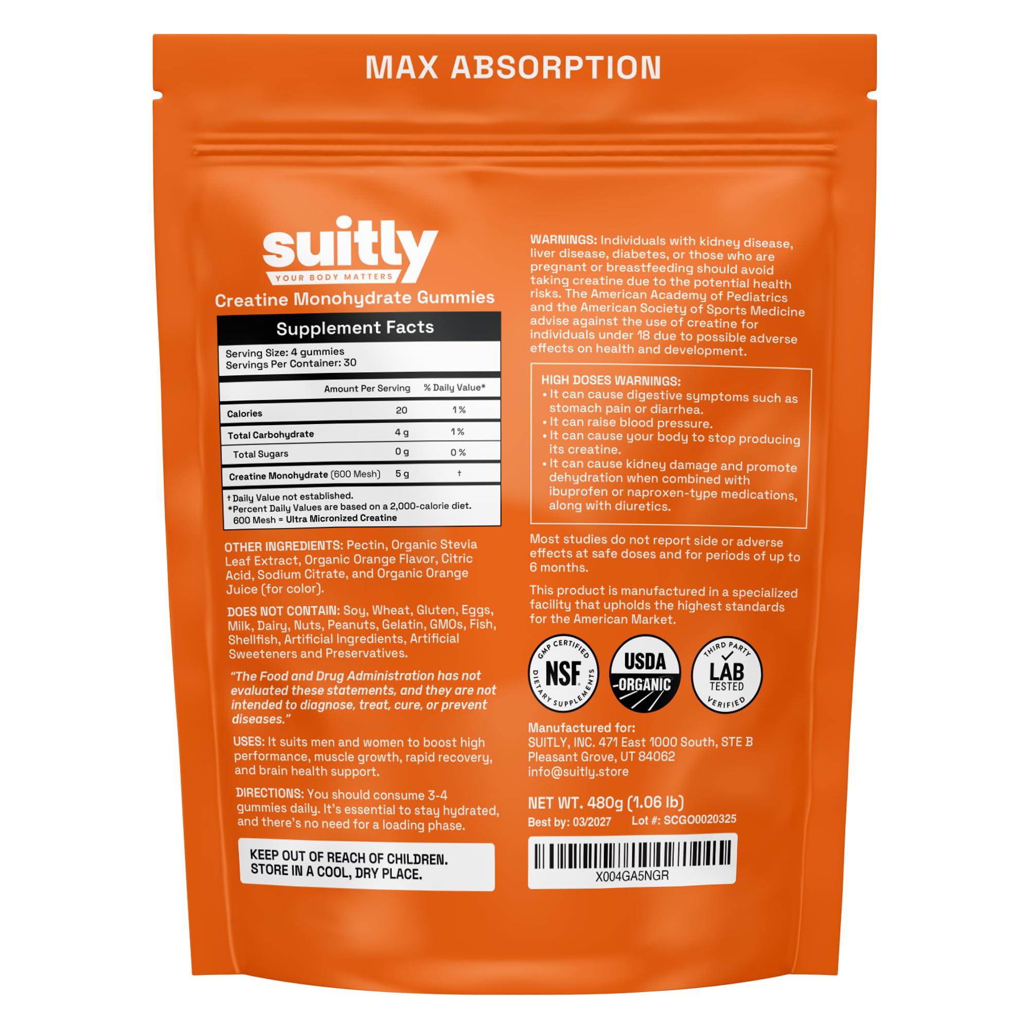 USDA Organic Ultra-Micronized Creatine Gummies for Men & Women; Orange Max Absorption 5g Creatine Gummies Sugar Free for Muscle Gain, Energy & Recovery; Muscle Builder for Women with Pouch - 120 Count Suitly buy supplements canada
