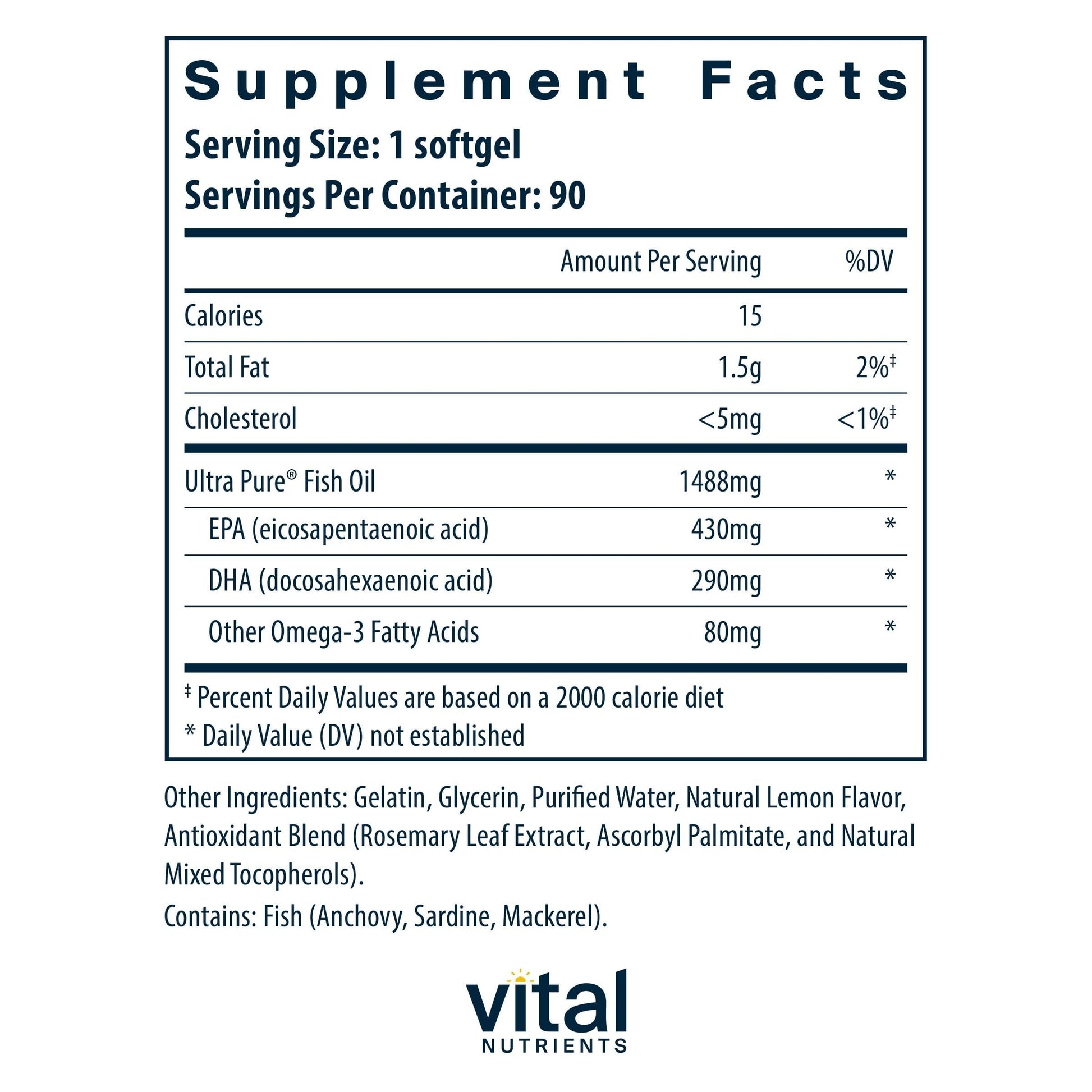 Vital Nutrients Ultra Pure® Fish Oil 800 Triglyceride Form - Heart, Brain, & Immune Health* - Sustainably Sourced High EPA & DHA Omega-3 Fatty Acid - Lemon Flavor - Gluten, Dairy, Soy Free - 90 Count Vital Nutrients buy supplements canada