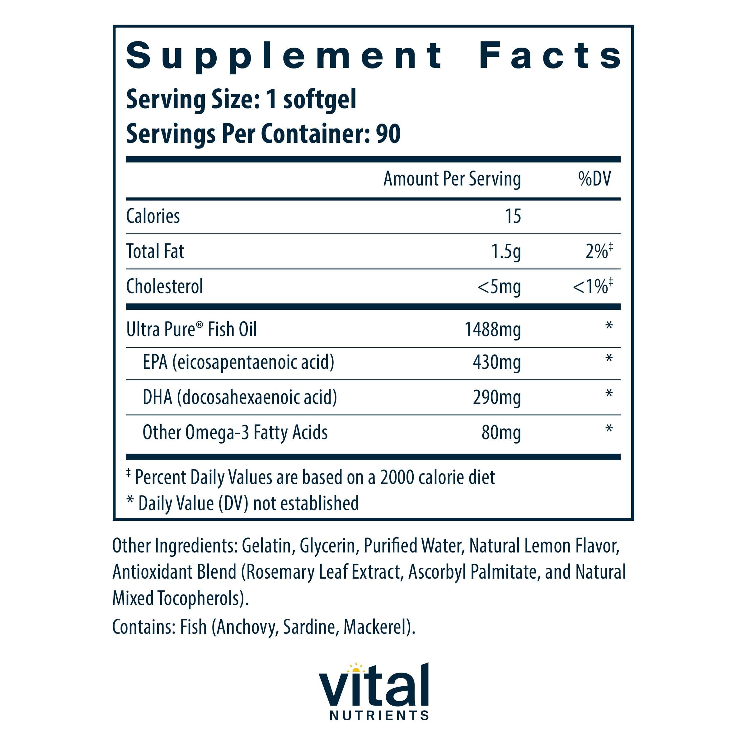 Vital Nutrients Ultra Pure® Fish Oil 800 Triglyceride Form - Heart, Brain, & Immune Health* - Sustainably Sourced High EPA & DHA Omega-3 Fatty Acid - Lemon Flavor - Gluten, Dairy, Soy Free - 90 Count Vital Nutrients buy supplements canada