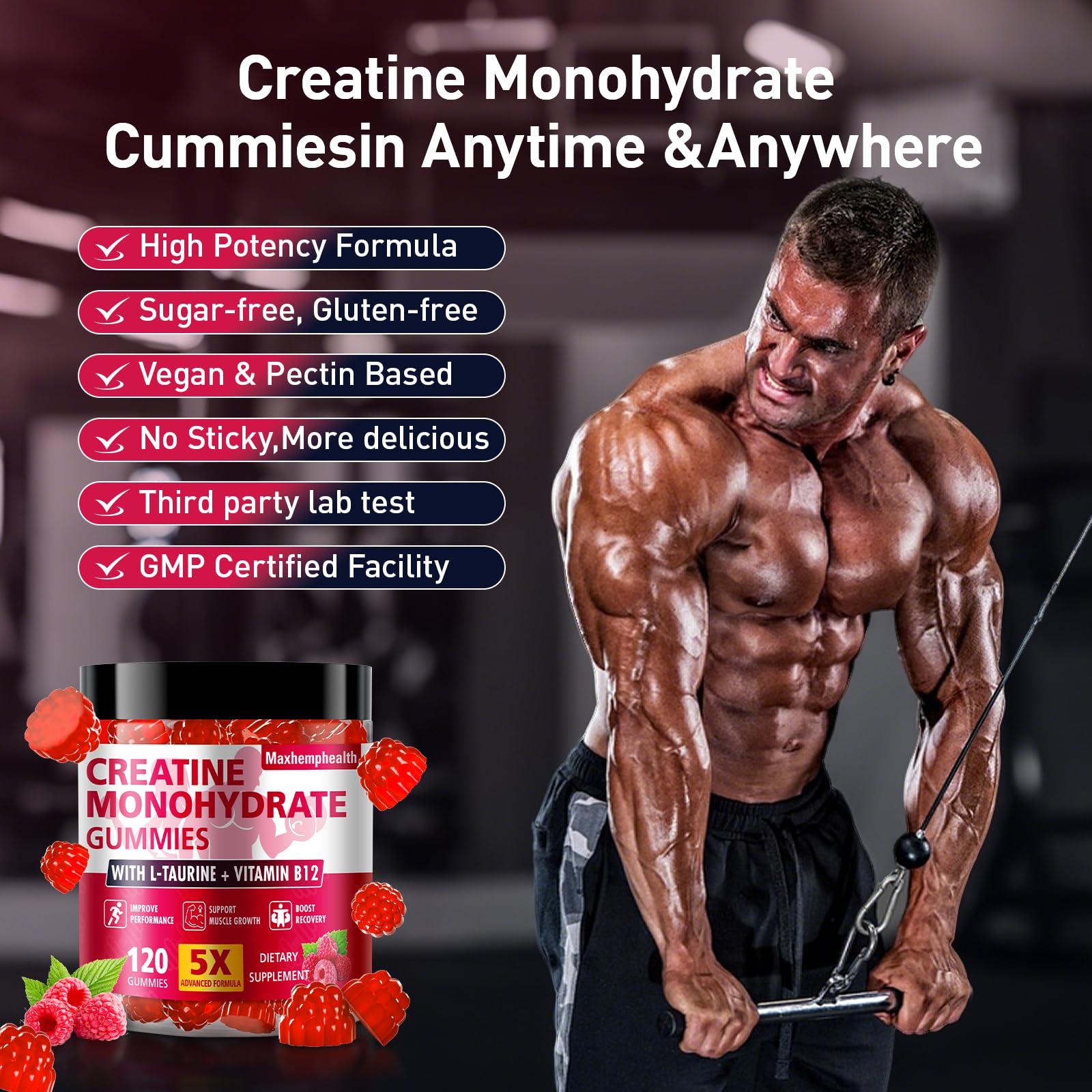 Creatine Gummies for Men & Women, Creatine Monohydrate Gummies 5g, Build Muscle, Strength, Recovery, Cognitive Health & Memory, Pre Workout Supplement, 120 Count Raspberry Chewable Gummy Maxhemphealth buy supplements canada