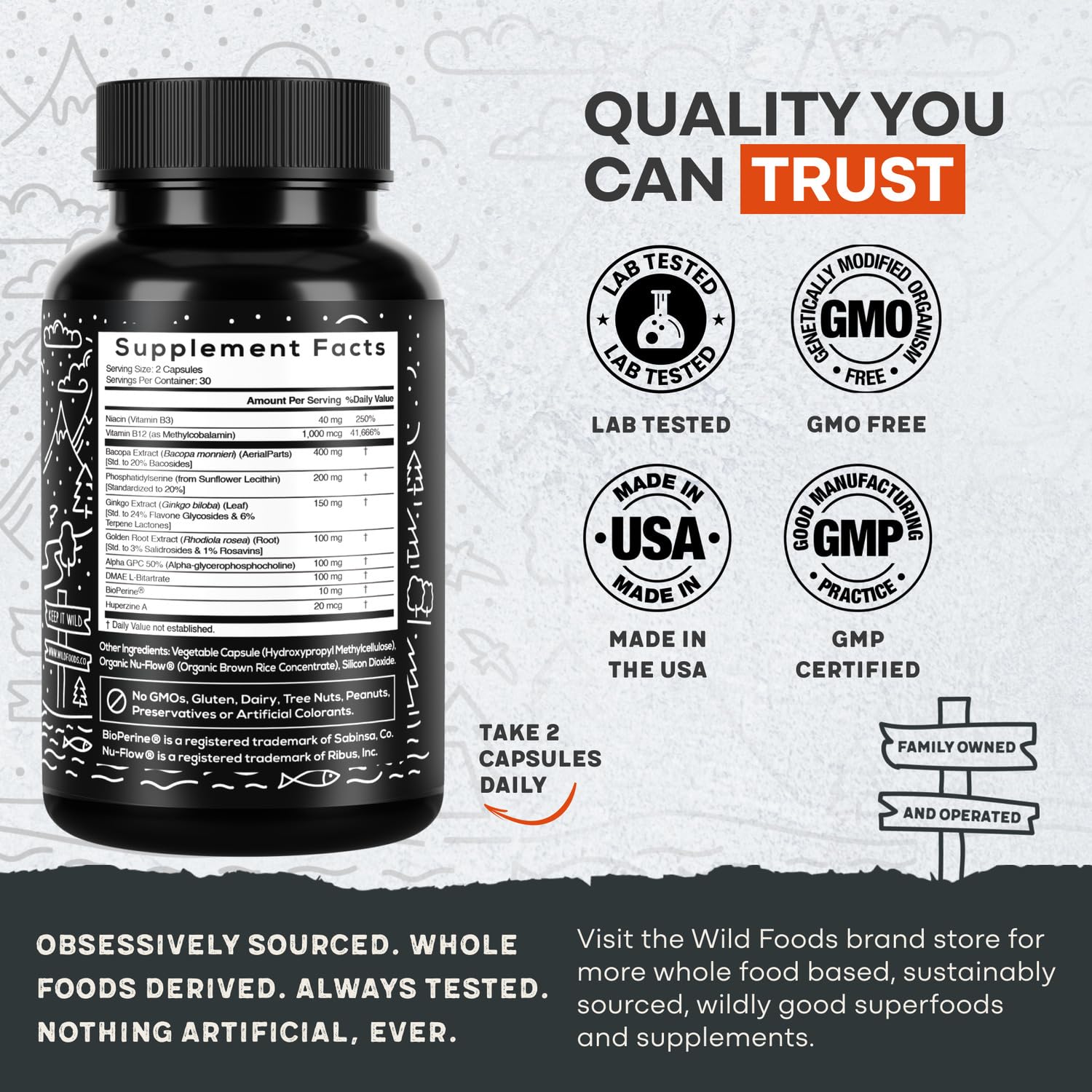 Wild Focus Brain Supplements | Caffeine-Free, Plant-Based Botanicals | Lions Mane, Ginkgo Biloba, Bacopa Monnieri, Lemon Balm | 100% Natural Nootropic | 60 caps Wild Foods buy supplements canada