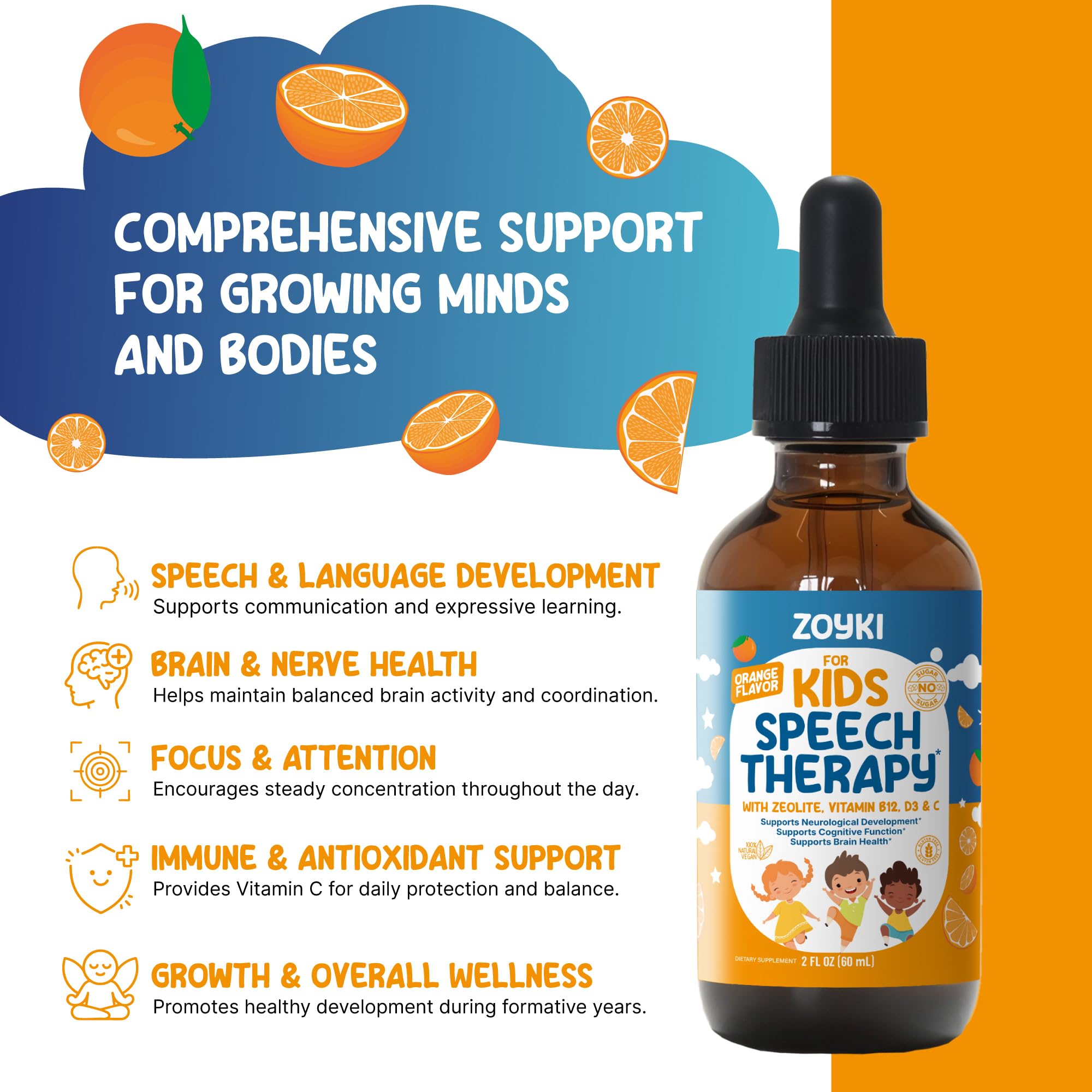 Zoyki Speech Therapy Drops for Kids - Speech Support Supplement for Communication Delay Cognitive Function Language & Brain Development with Zeolite Vitamins B12 D3 C - Sugar Free Gluten-Free Vegan Zoyki buy supplements canada
