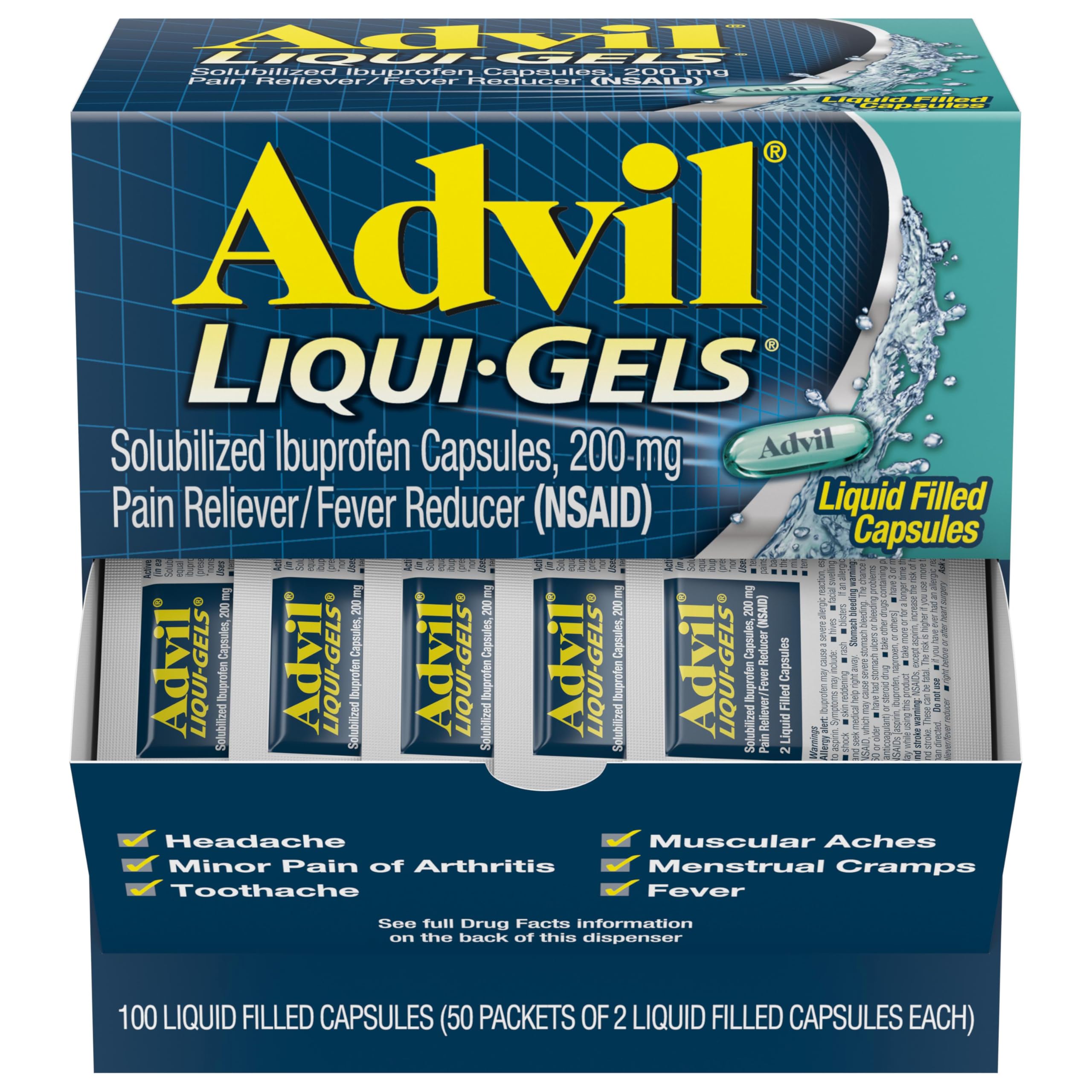 Advil Liqui-Gels Pain Reliever and Fever Reducer, Pain Medicine for Adults with Ibuprofen 200mg for Headache, Backache, Menstrual Pain and Joint Pain Relief - 50x2 Liquid Filled Capsules Advil buy supplements canada