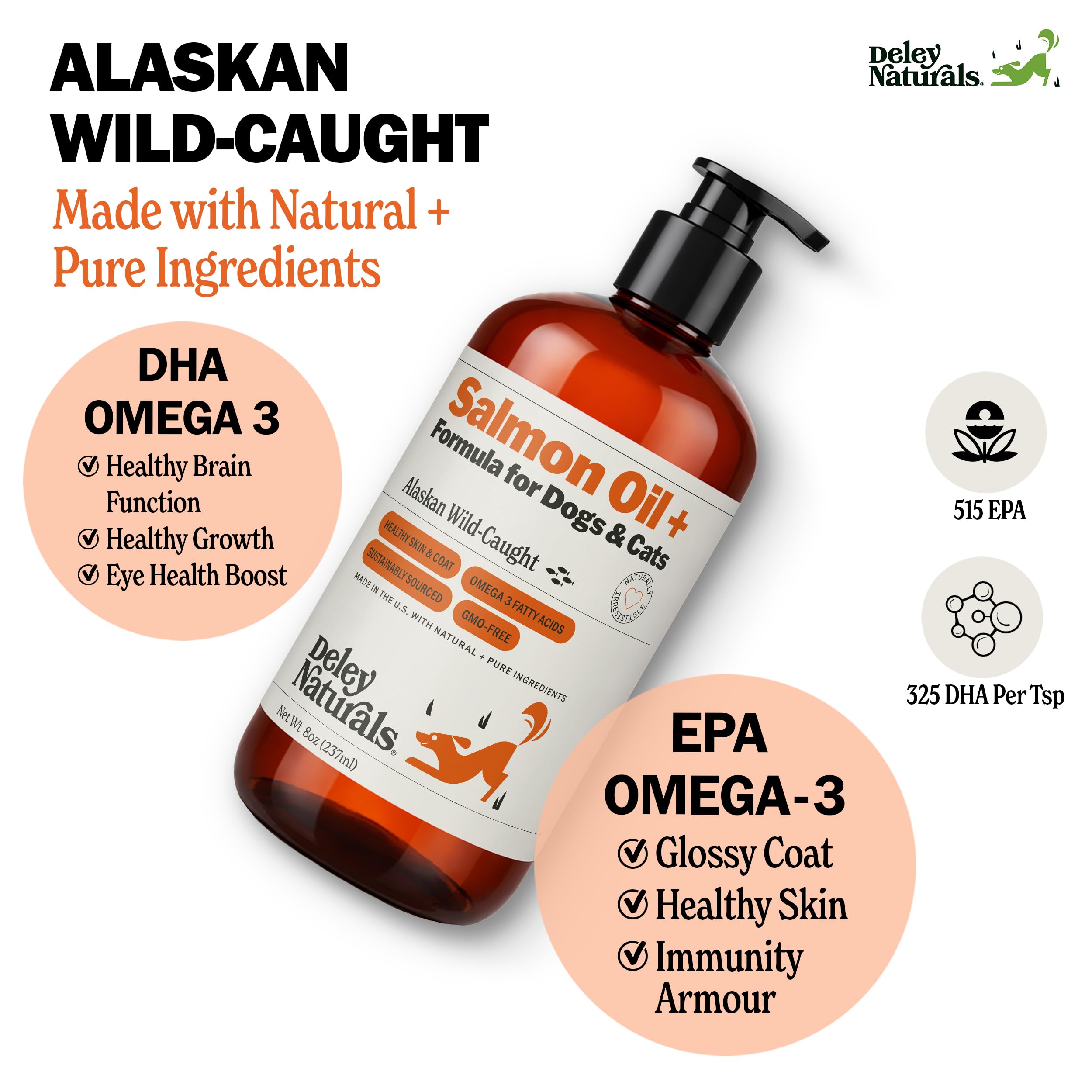 Deley Naturals Wild Alaskan Salmon Oil for Dogs & Cats - New and Improved Salmon Oil Plus Formula - Fish Oil for Dogs with Omega 3, DHA and EPA - Omega 3 for Healthy Skin and Coat - 8oz Made in USA Deley Naturals buy supplements canada