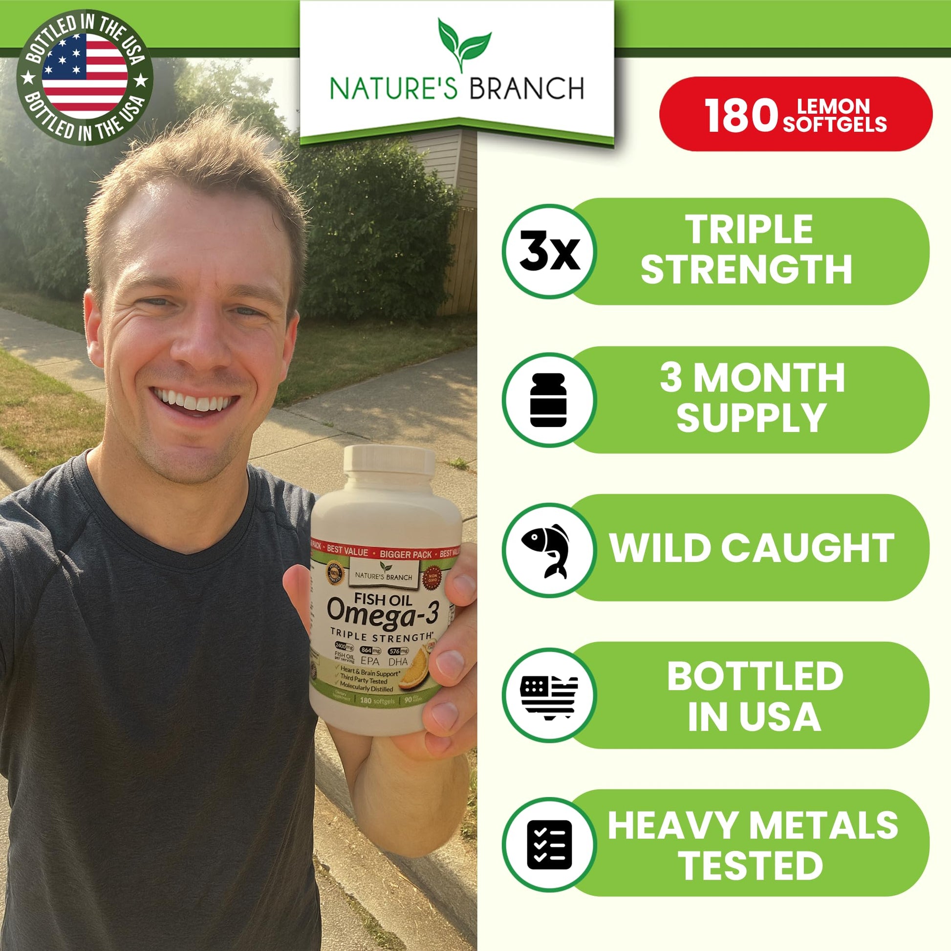 Triple Strength Omega 3 Fish Oil Supplements 2400mg | 180 Capsules, Burpless High Potency Lemon Flavor, High EPA DHA for Men & Women Ultra Pure Softgels NATURE'S BRANCH buy supplements canada