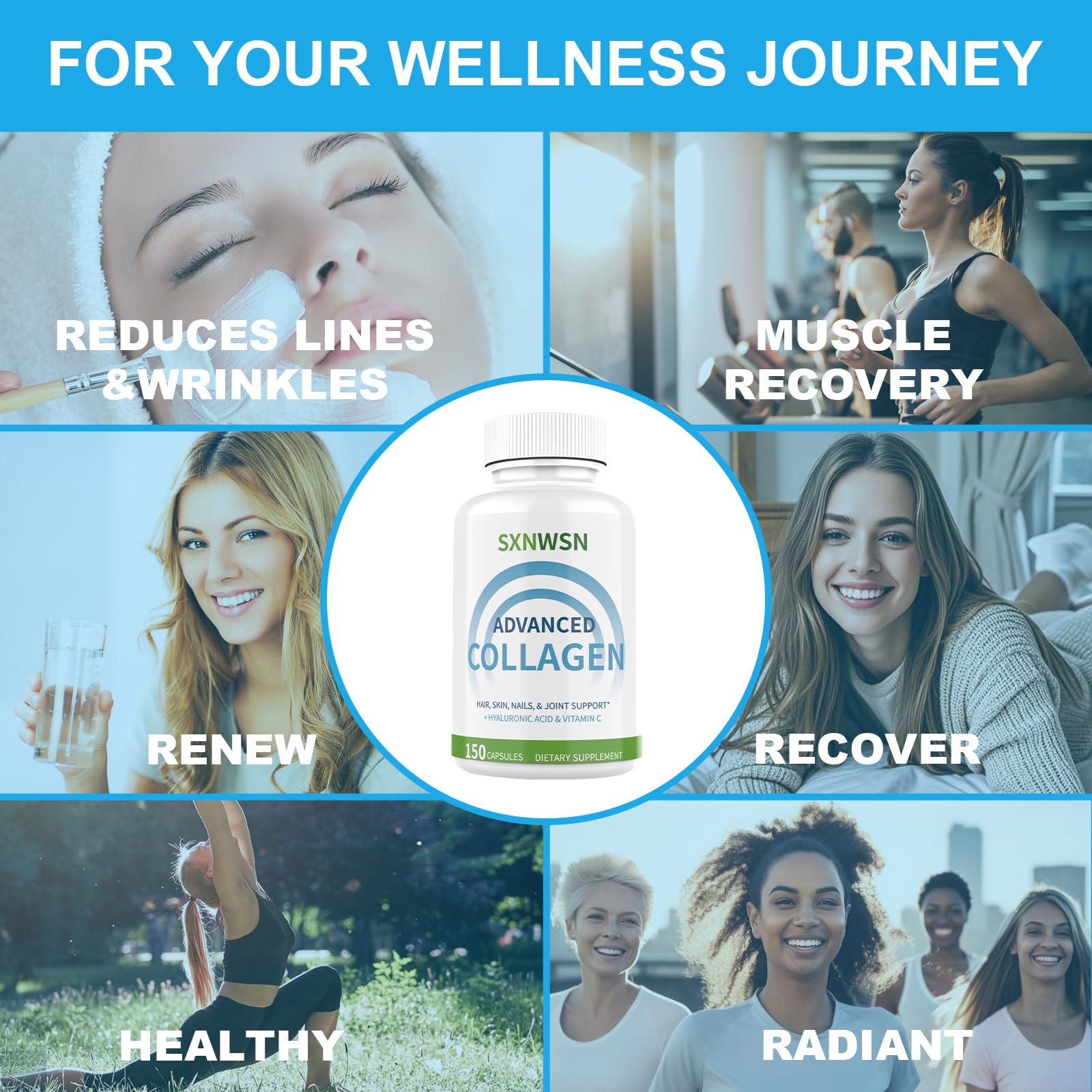 Advanced Multi Collagen Supplement with Vitamin C + Hyaluronic Acid - Hydrolyzed Collagen Peptides Supports for Skin, Joints & Hair* | Collagen Complex 150 Capsules for Women or Men SXNWSN buy supplements canada