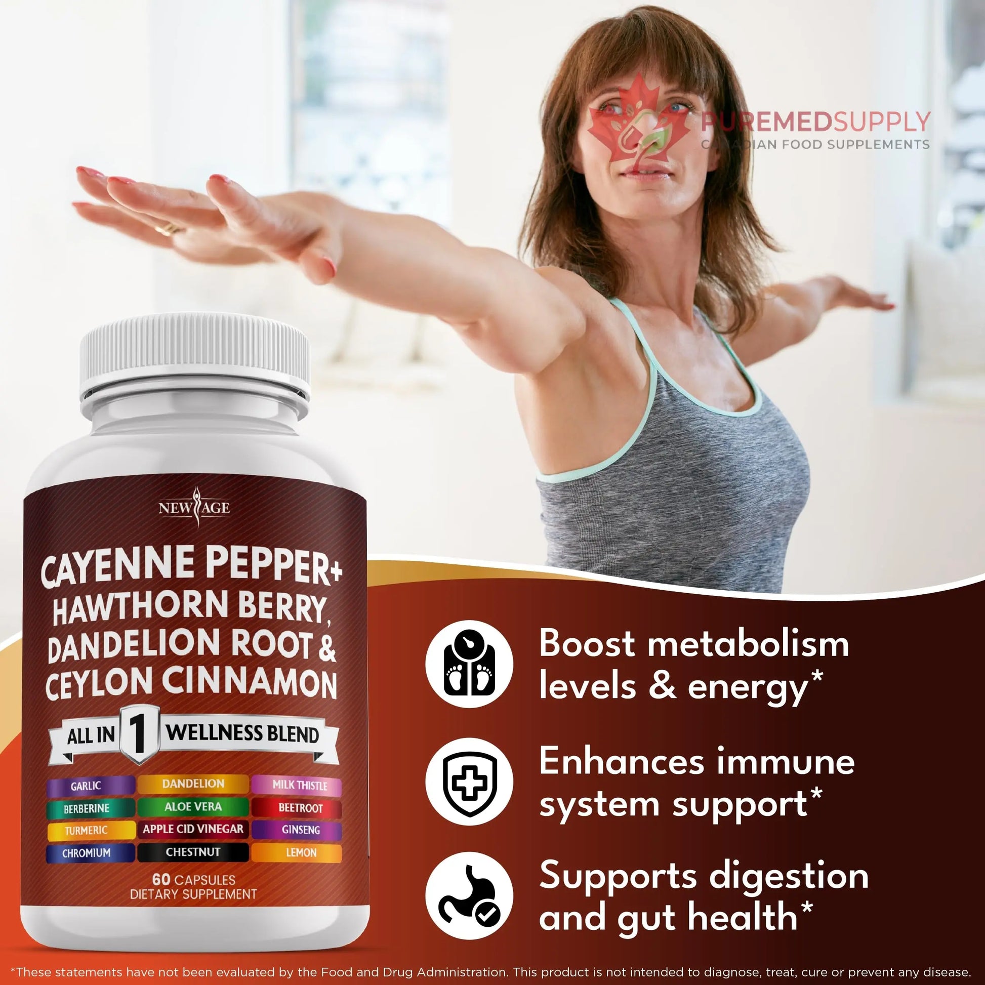 NEW AGE Cayenne Pepper Capsules Supplement with Hawthorn Berry, Dandelion Root, Ceylon Cinnamon, Garlic, Ginger, ACV, Milk Thistle, Beet Root, Aloe Vera - 120 Count NEW AGE buy supplements canada