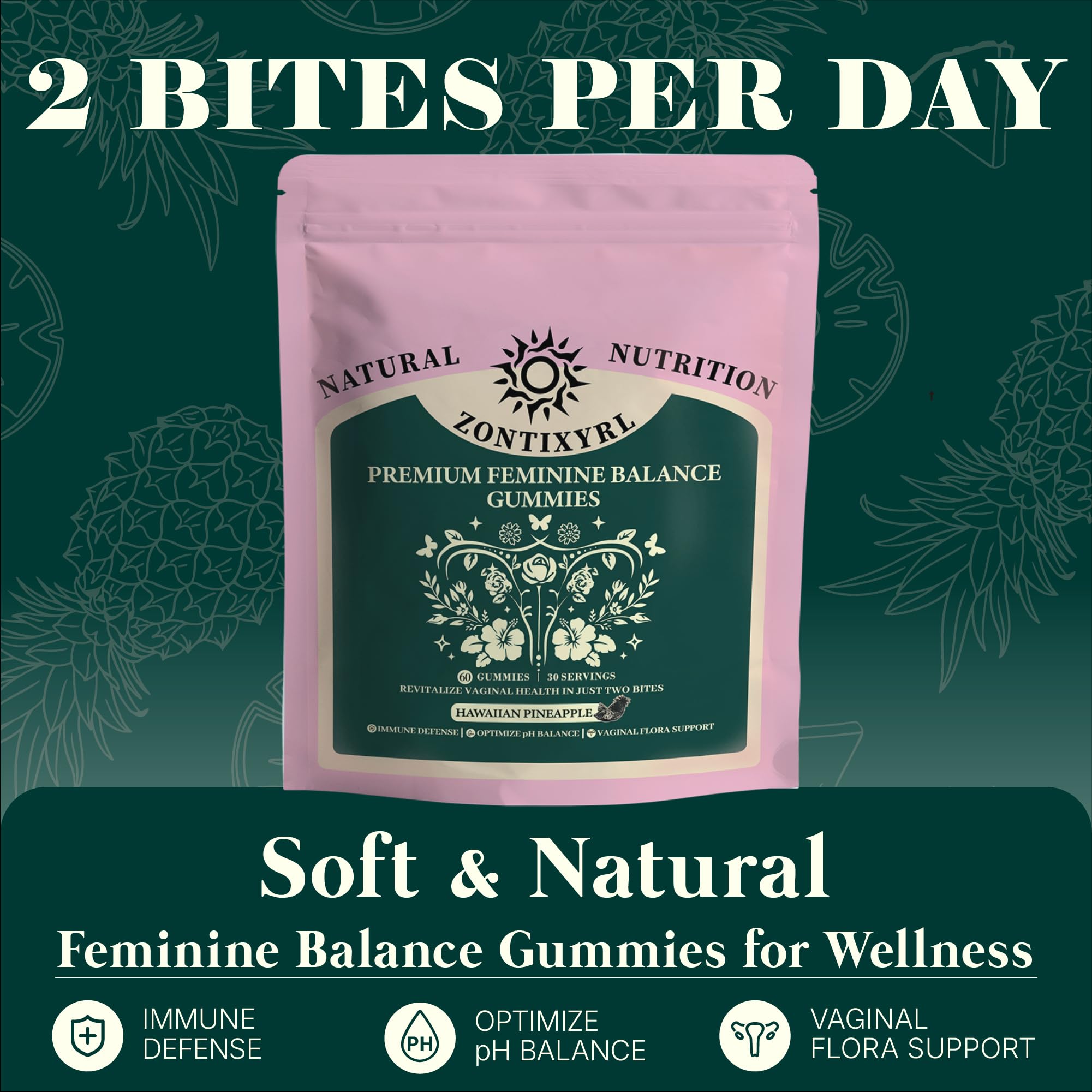 Zontixyrl Premium Feminine Balance Gummies Women - Pineapple Gummies for Women pH Probiotic and Immune Support Vegan Gluten Free 60 Gummies 30 Servings Zontixyrl buy supplements canada