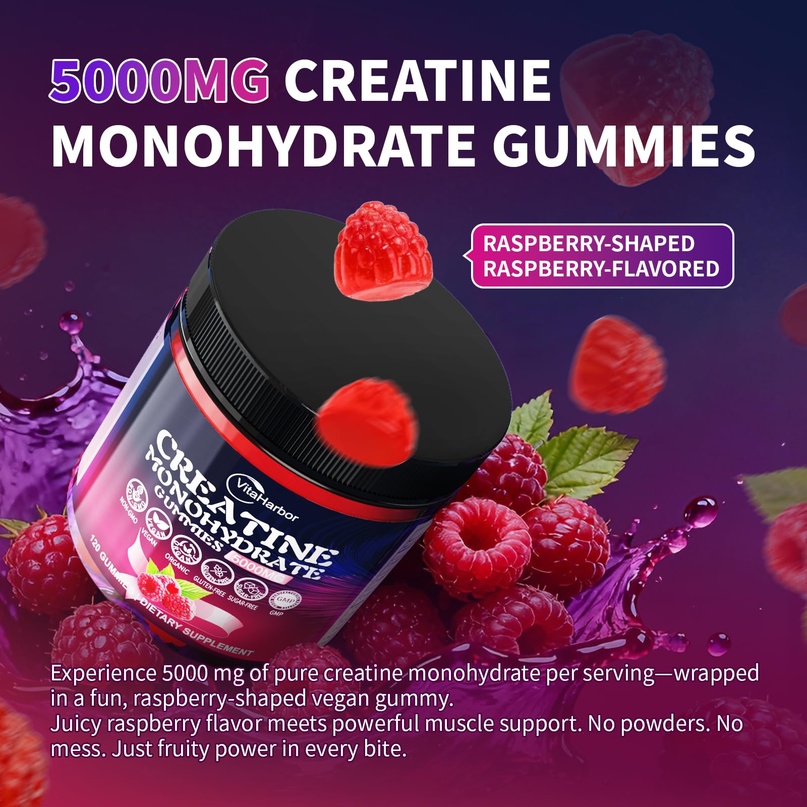 Creatine Monohydrate Gummies 5000mg for Men & Women, Organic Pure Creatine Gummies | Sugar Free,Vegan, Non-GMO,Raspberry Flavor, 120 Count VitaHarbor buy supplements canada