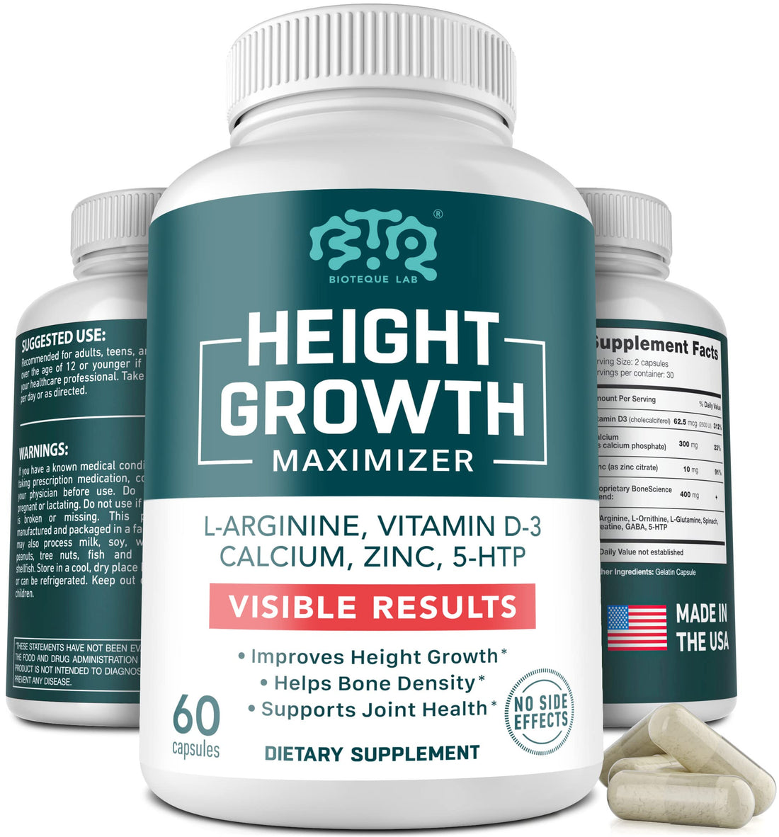 BIOTEQUELAB Height Growth Maximizer, Calcium, Vitamin D3 and Zinc Blend Pills, Bone Growth Supplement for Kids and Teens, Bone Strength, Density Support, GMO-Free, Gluten-Free, Made in USA, 60 Caps BTQ BIOTEQUE LAB buy supplements canada