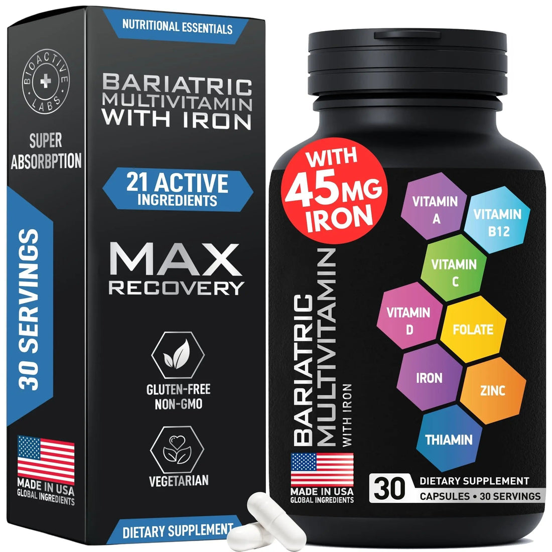 Bariatric Multivitamin with Iron 45mg for Women & Men - 21-in-1 Essential Post Gastric Bypass and Gastric Sleeve Vitamins A,C,D,E, B Complex BIOACTIVE LABS buy supplements canada