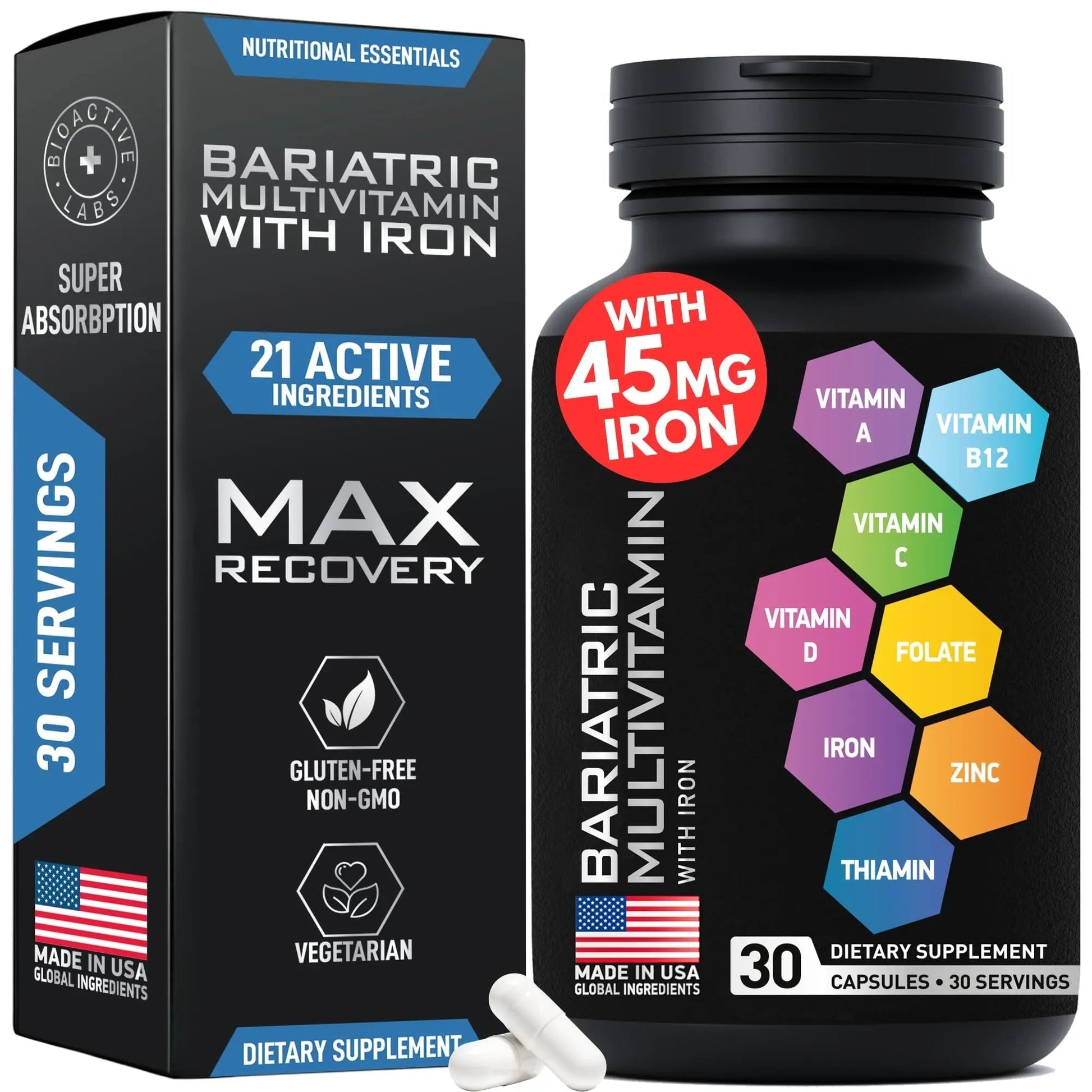 Bariatric Multivitamin with Iron 45mg for Women & Men - 21-in-1 Essential Post Gastric Bypass and Gastric Sleeve Vitamins A,C,D,E, B Complex BIOACTIVE LABS buy supplements canada