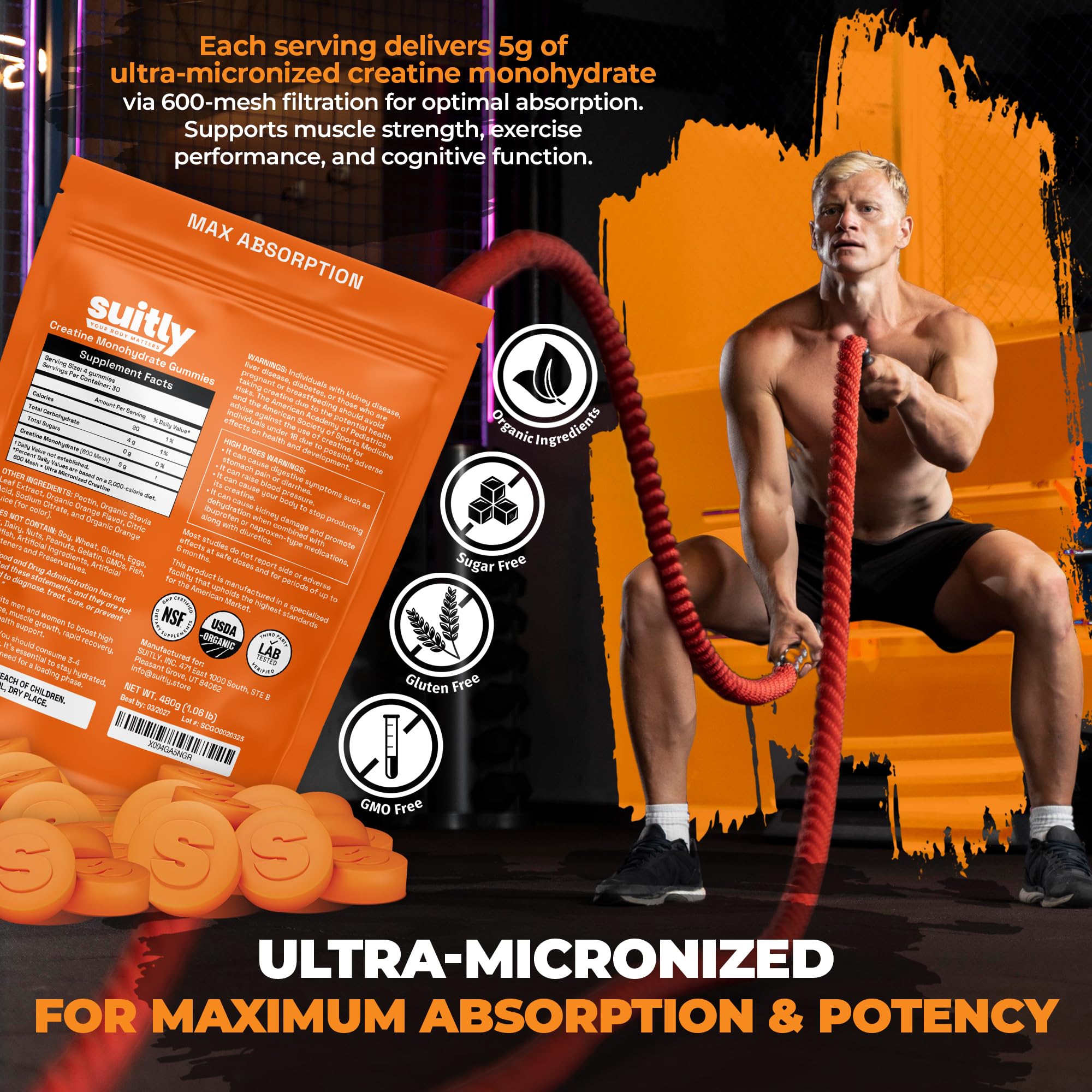 USDA Organic Ultra-Micronized Creatine Gummies for Men & Women; Orange Max Absorption 5g Creatine Gummies Sugar Free for Muscle Gain, Energy & Recovery; Muscle Builder for Women with Pouch - 120 Count Suitly buy supplements canada