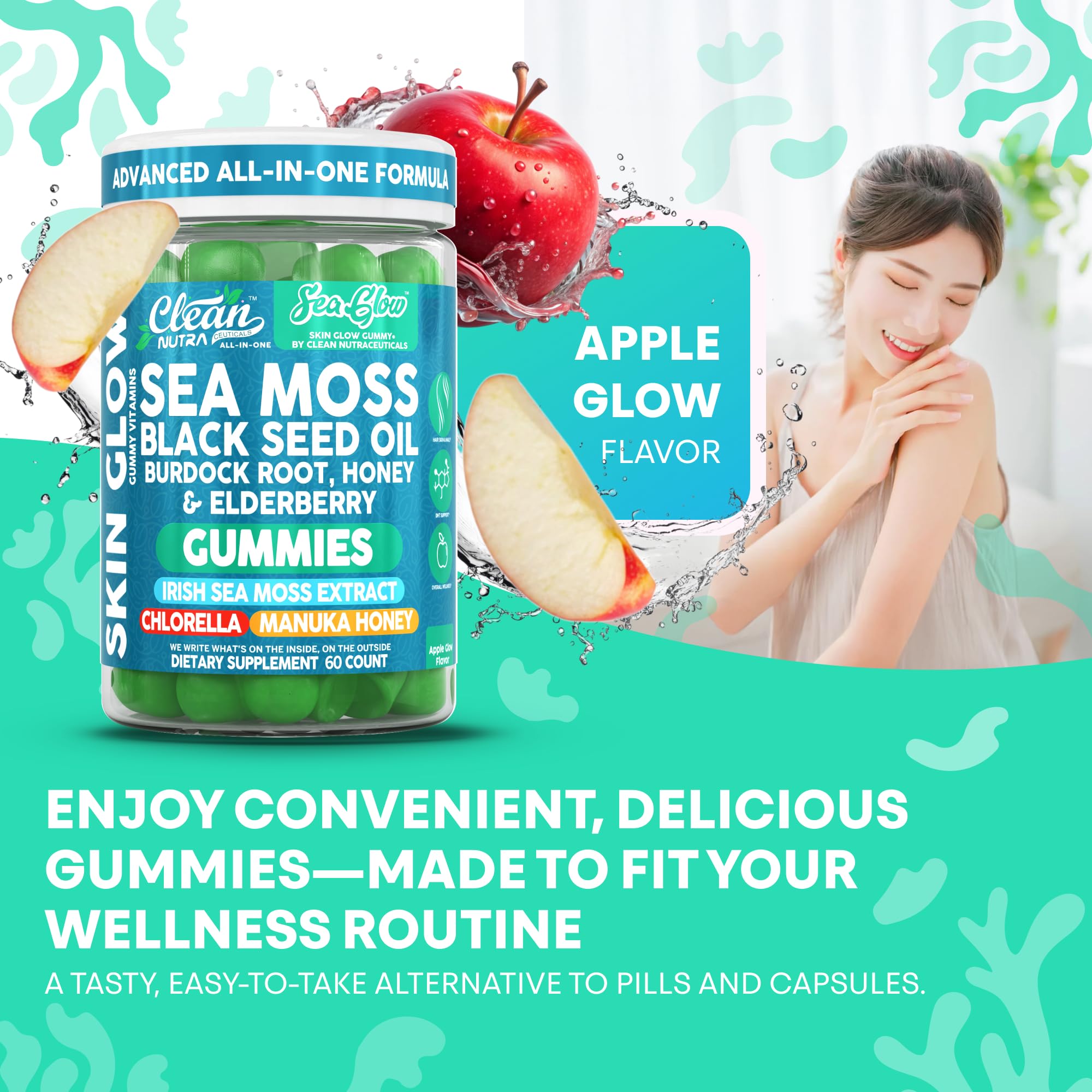 Clean Nutra Sea Moss Gummies Black Seed Oil Chlorella Ashwagandha Root Hair Growth Skin Glow Irish Sea Moss Elderberry Burdock Manuka Honey Trace Minerals Detox 60 Gummy Vitamins Sea Glow Supplement Clean Nutraceuticals buy supplements canada