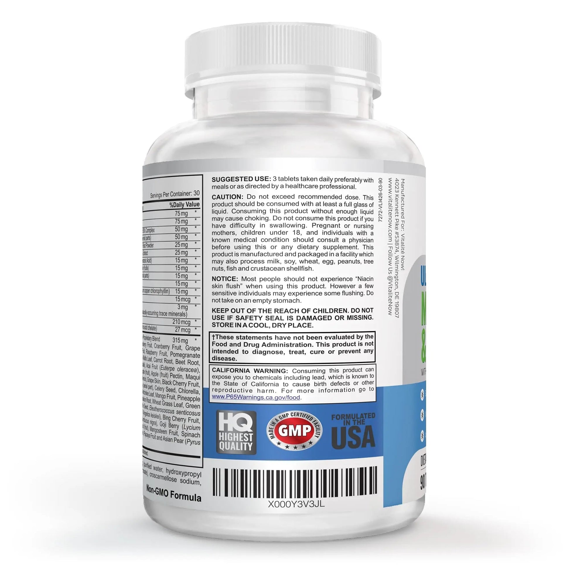 Vegan Whole Food Multivitamin & Mineral - Vitamins A B1 B2 B6 B12 C D3 E & 110 Super Foods, Herbs, Greens & Reds Vitalité Now! buy supplements canada