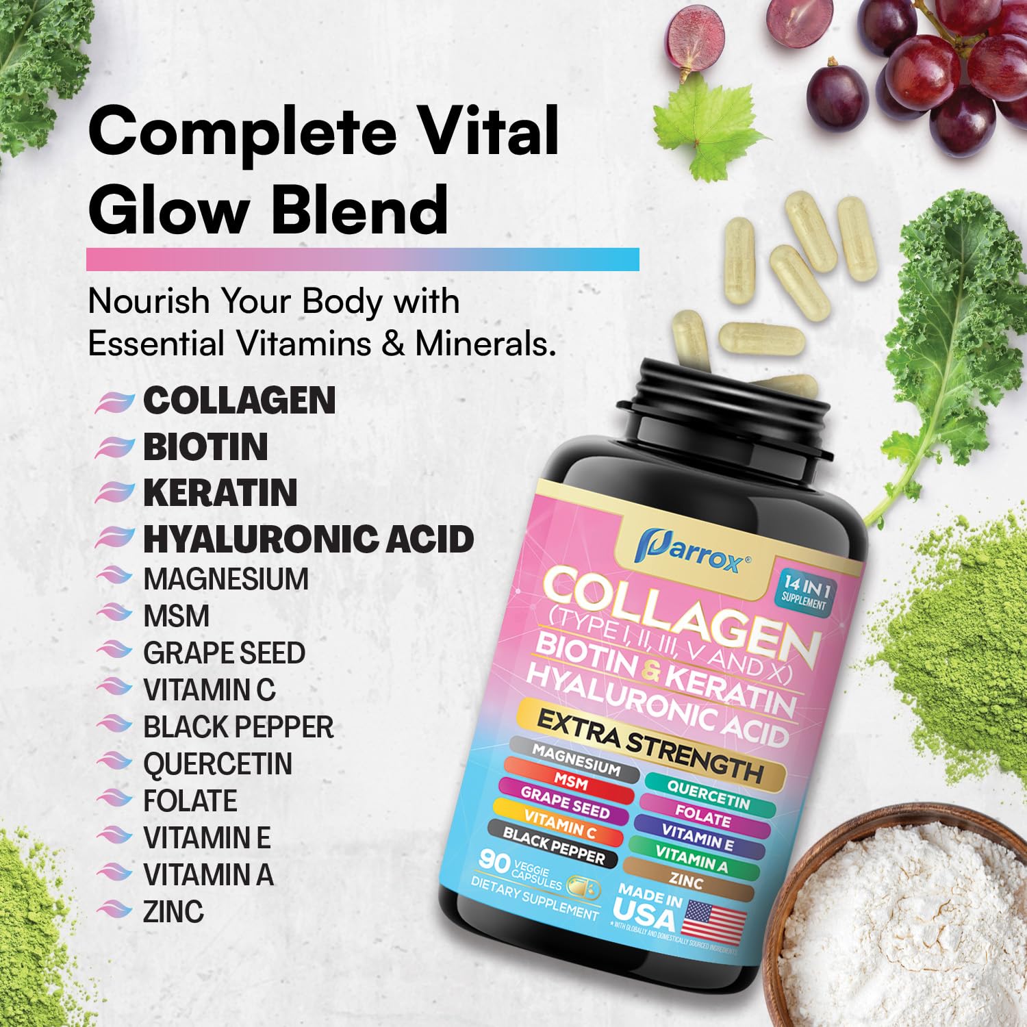 Parrox Collagen Peptides Types I, II, III, V & X, MCG Biotin, Keratin, Hyaluronic Acid, MSM, Zinc, Grape Seed Extract, Quercetin, Vitamin A, Vitamin C, Parrox buy supplements canada