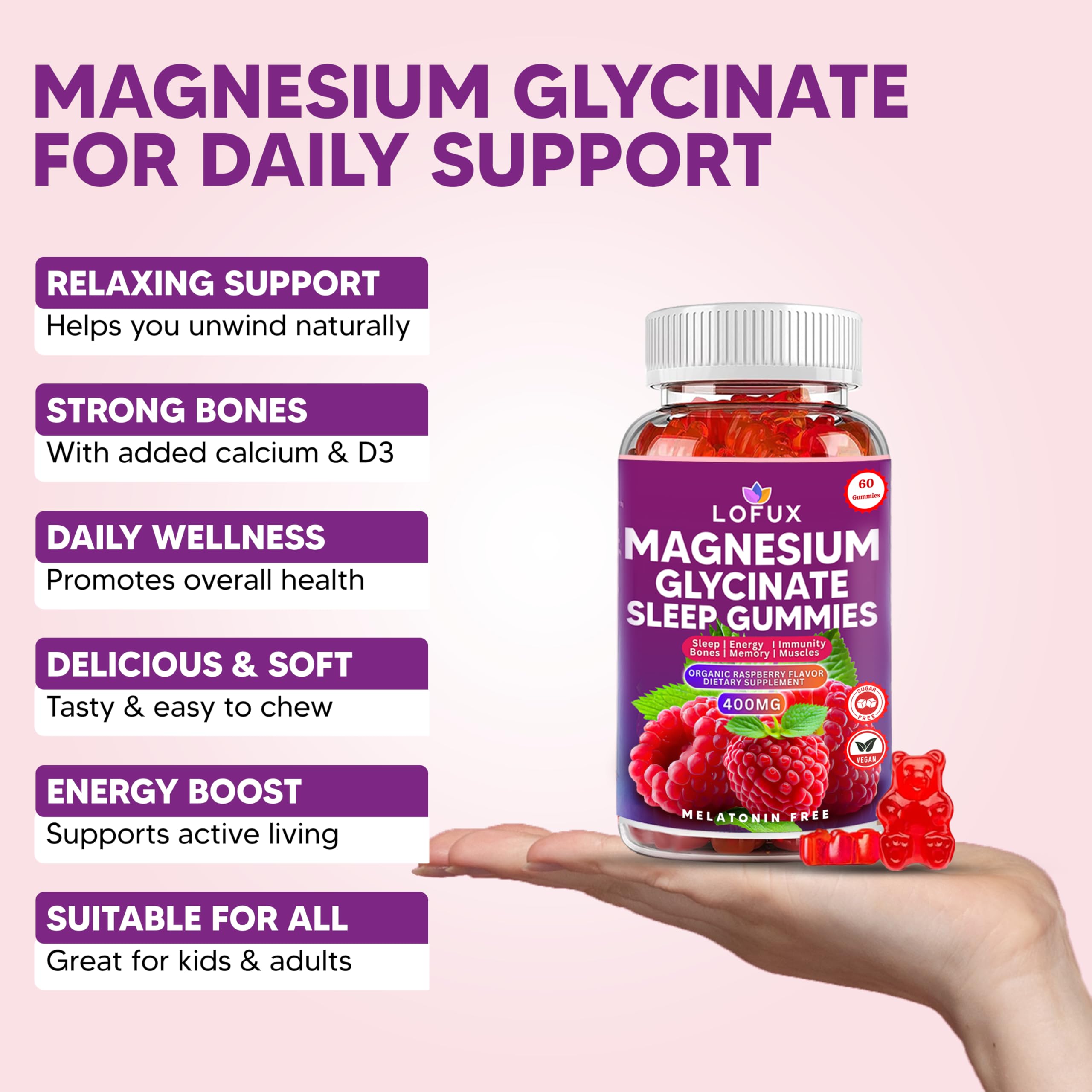 Lofux Magnesium Glycinate Gummies 400mg, Sugar Free Magnesium Gummies for Adults Women, Men, Chewable Supplement Gummy with L-Threonate, Vitamin D, B6, CoQ10 - for Calm, Sleep, Body Relaxation, 120 Ct Lofux buy supplements canada