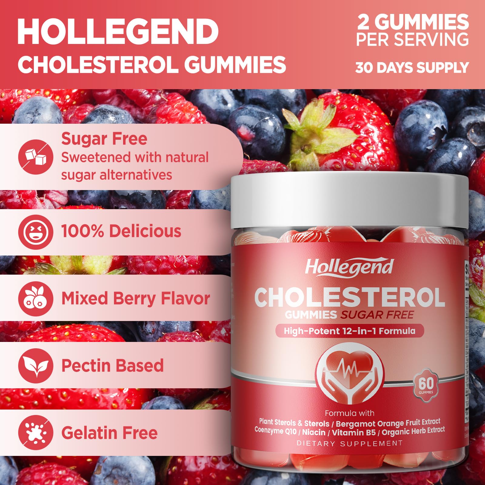 HOLLEGEND Cholesterol Gummies Sugar-Free,12-in-1 Cholesterol Supplements with Plant Sterols,Citrus Bergamot,CoQ10 and Vitamins for Cholesterol Health, Vegan, Mixed Berry Flavor, 60 Counts HOLLEGEND buy supplements canada