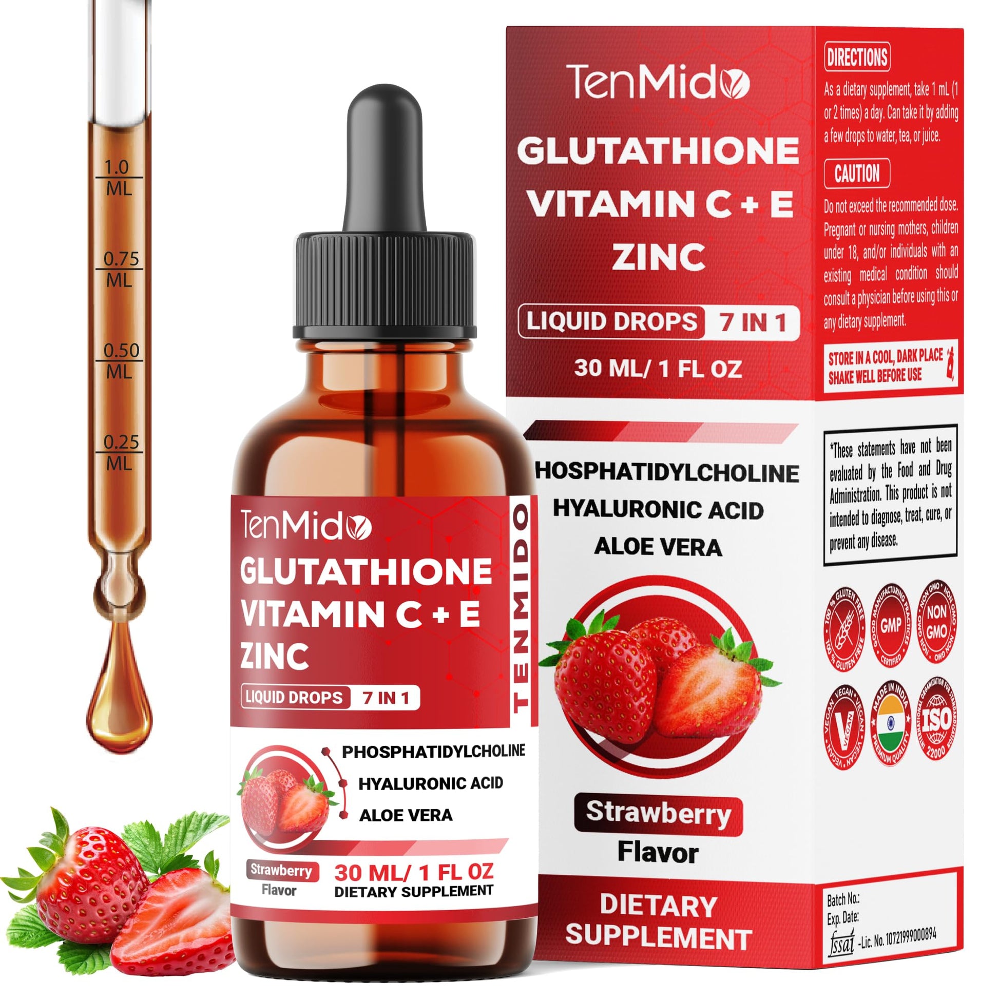 Tenmido Liposomal Glutathione Supplement - 7in1 Liquid Drops with Zinc, Vitamin C, Vitamin E, Phosphatidylcholine, Hyaluronic Acid, and Aloe Vera - Vegan, Non-GMO - 30ml 1 Fl Oz Tenmido buy supplements canada