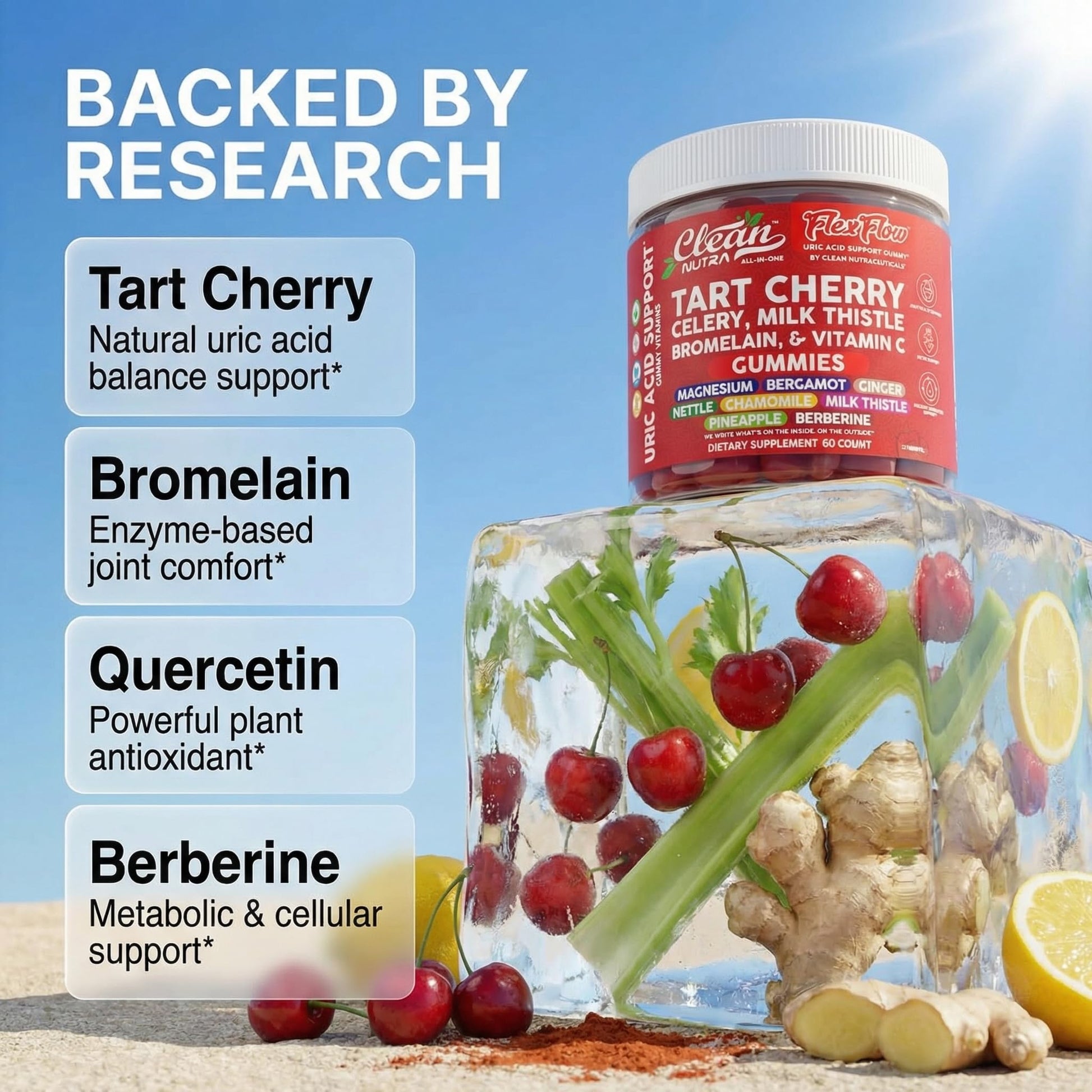 Clean Nutra Tart Cherry Gummies Uric Acid Flush Celery Milk Thistle Bromelain Vitamin C Magnesium Citrus Bergamot Ginger Stinging Nettle Leaf Chamomile Berberine Quercetin Support 60 Gummy Vitamins Clean Nutraceuticals buy supplements canada