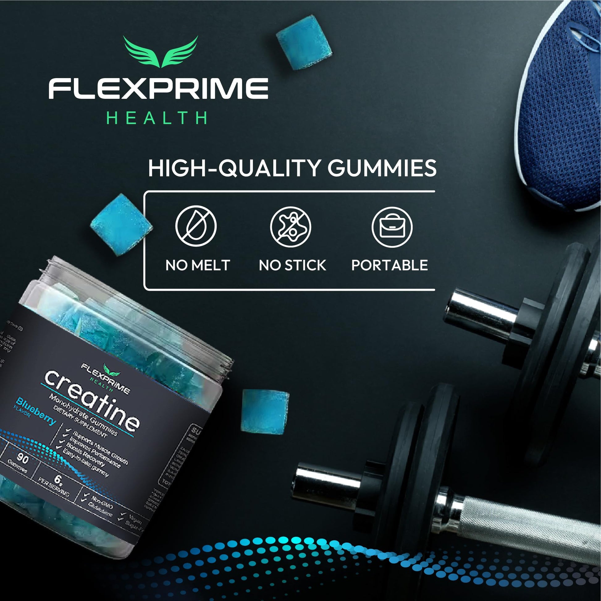 FlexPrime Creatine Gummies Sugar Free - 6g Creatine Monohydrate + L-Taurine, Alpha GPC, Betaine | Vegan Halal Blueberry Chews for Lean Muscle, Strength, Brain Health | Men Women 90 Count FlexPrime buy supplements canada