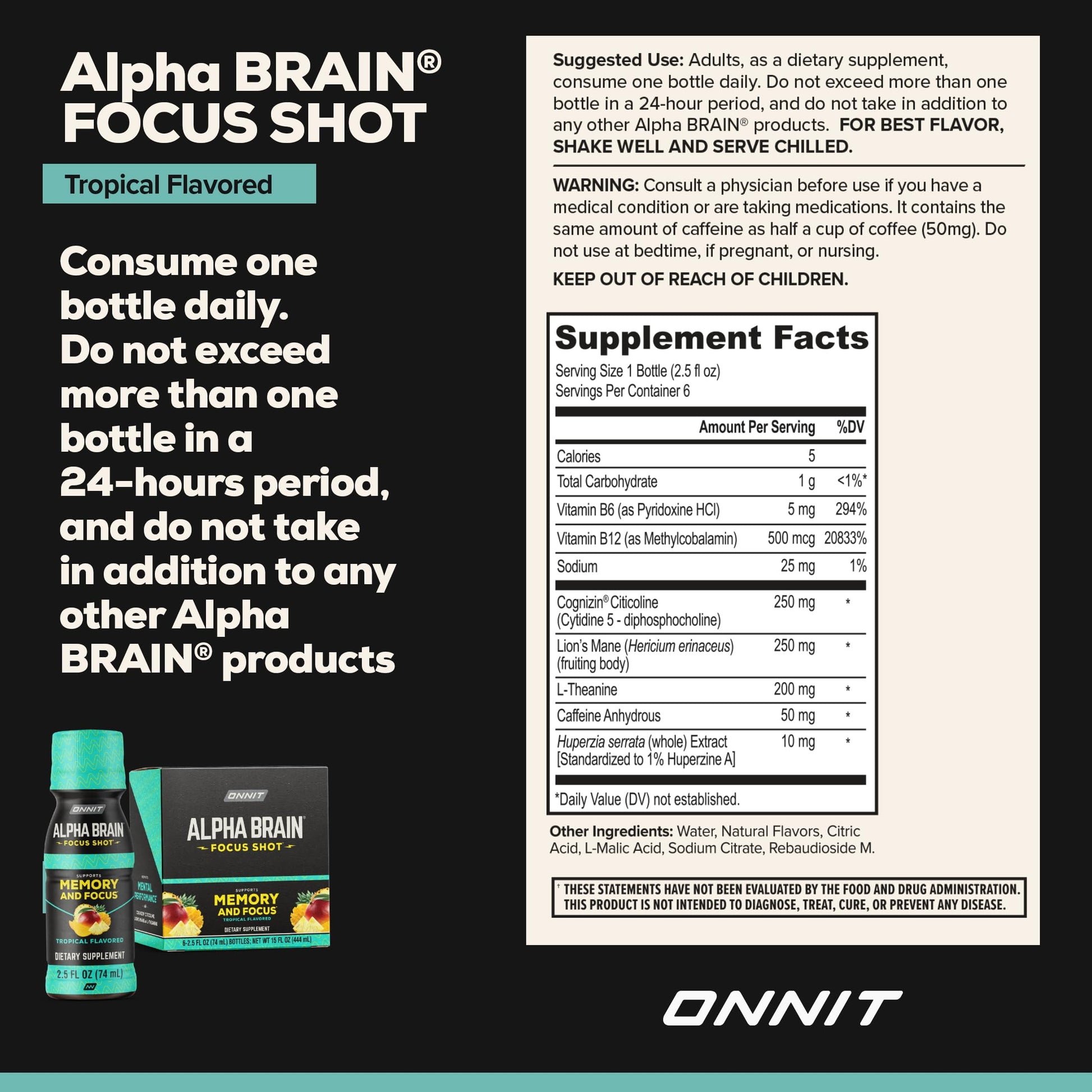 ONNIT Alpha Brain Focus Shot, Tropical Flavor, Nootropic Dietary Supplement Drink That Supports Energy, Focus, and Mood, IGEN™ Non-GMO Tested, 2.5 fl oz, 6 Count ONNIT buy supplements canada