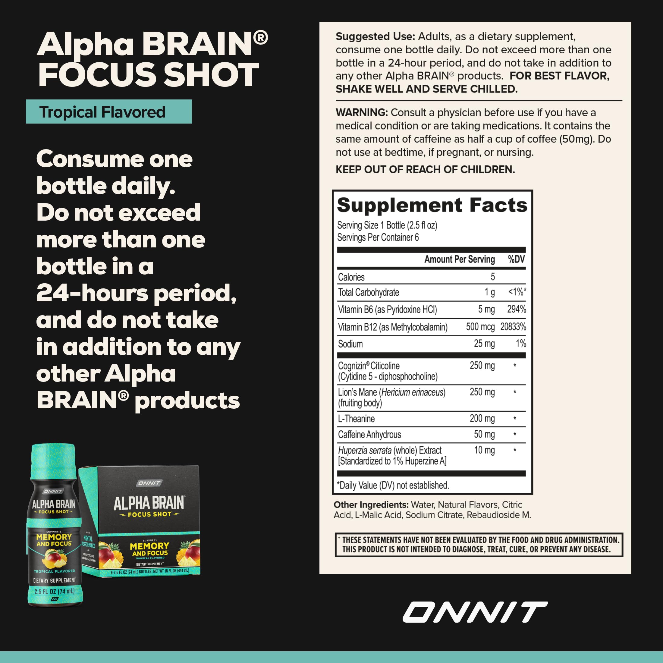 ONNIT Alpha Brain Focus Shot, Tropical Flavor, Nootropic Dietary Supplement Drink That Supports Energy, Focus, and Mood, IGEN™ Non-GMO Tested, 2.5 fl oz, 6 Count ONNIT buy supplements canada