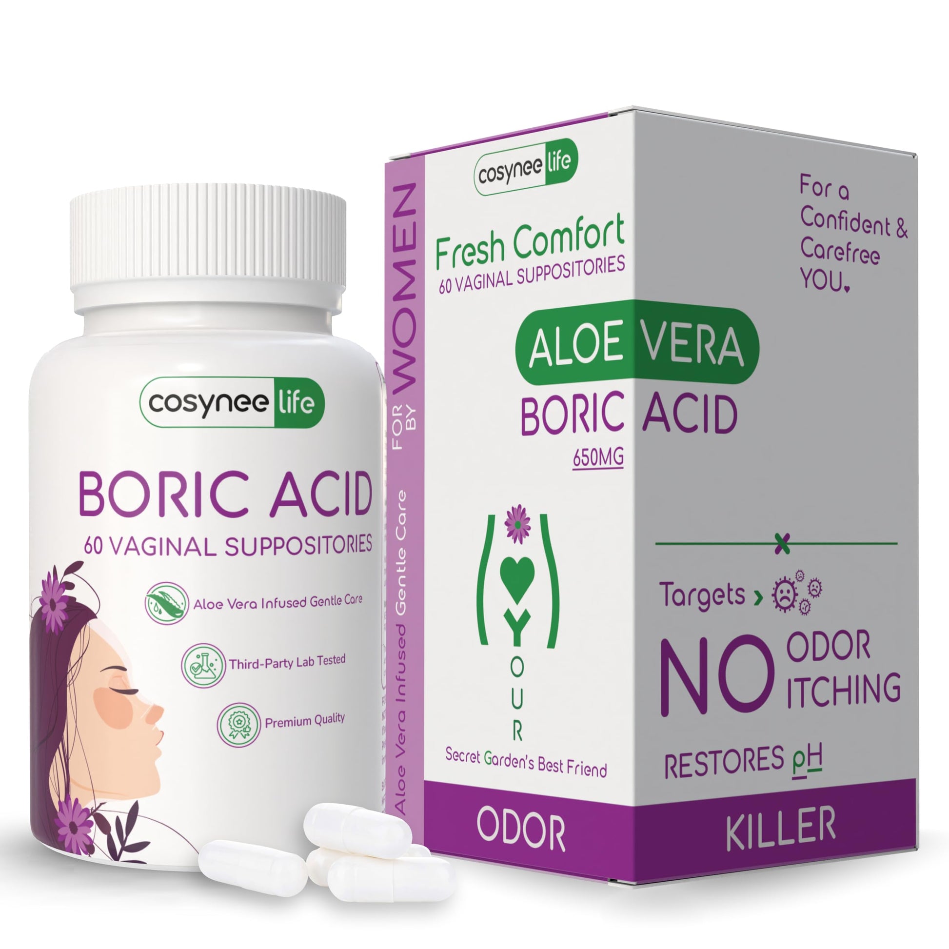 cosynee Boric Acid Capsules for Women with Aloe Vera – 60 Capsules, 650mg Each – Feminine Hygiene Support cosynee buy supplements canada