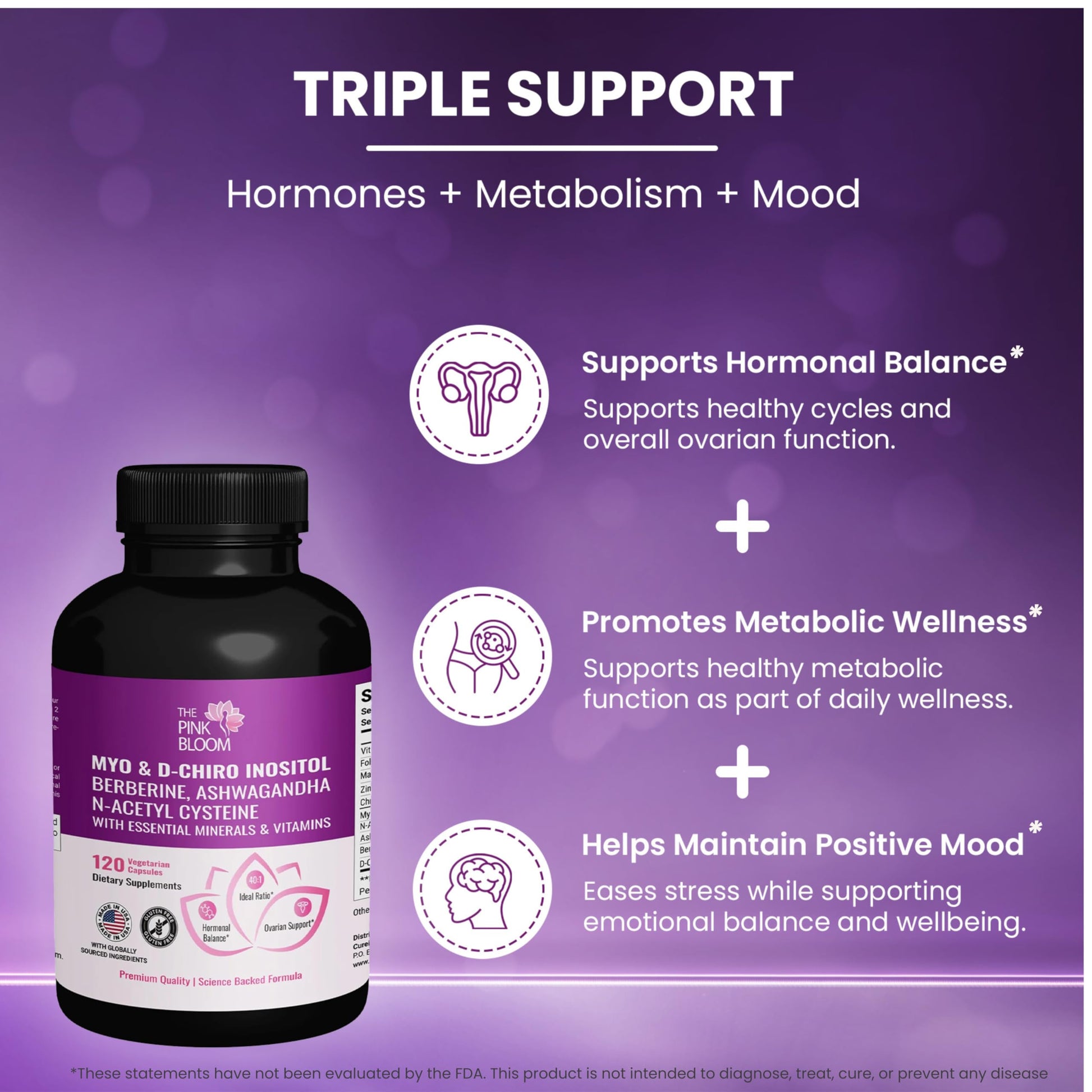 The Pink Bloom Myo & D-Chiro Inositol 40:1 Ratio – 120 Capsules | Myo Inositol Supplement for Women with Vitamin D, Ashwagandha, Folate & Zinc | Supplement for Hormone Balance & Ovarian Health The Pink Bloom buy supplements canada