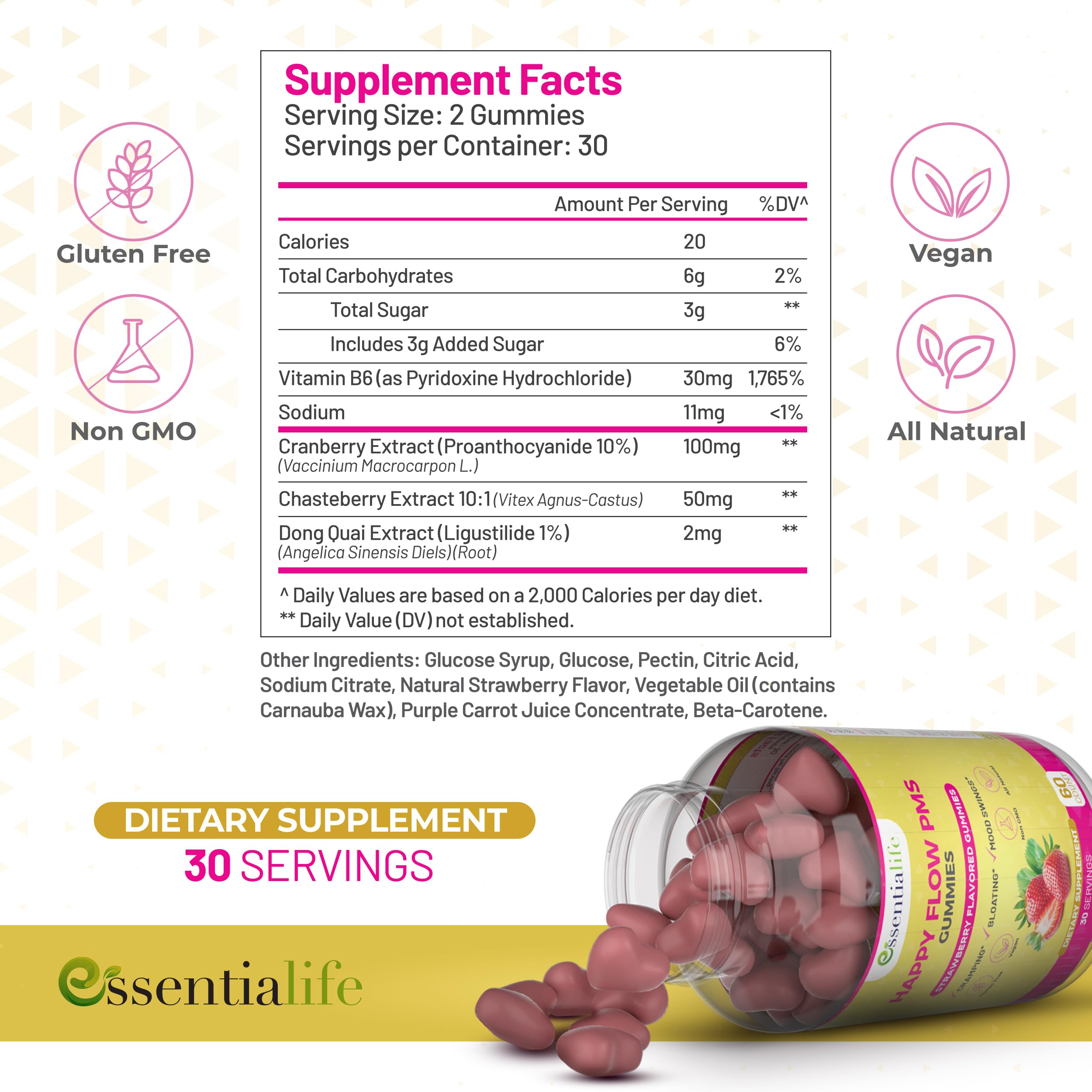 PMS Gummies - Happy Flow PMS Support Supplement for Women - Strawberry PMS Relief Supplement with Vitamin B6 for Hormone Balance, Period Support, Cramps, Hormonal Acne & Bloating Relief (60 Count) Essentialife buy supplements canada