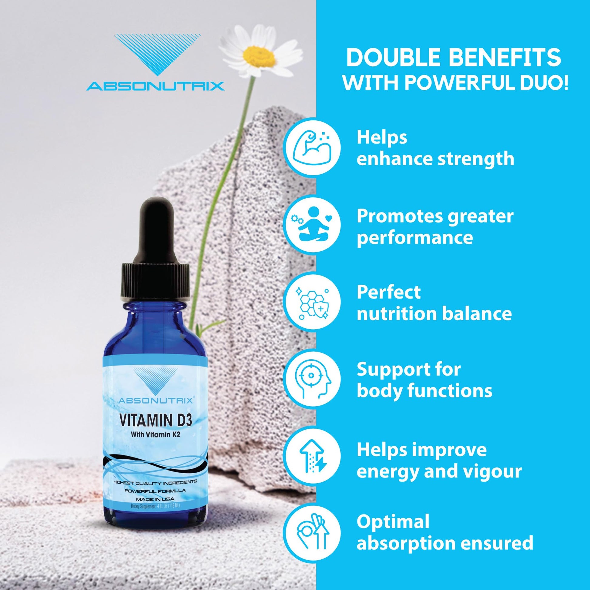Absonutrix Vitamin D3 K2 Drops, 390mg, 4 Oz Liquid, 302 Servings, Made in USA, Quick Absorption, Quality Potent Ingredients, Non-GMO, GMP Certified, Cruelty-Free Products, Bone Strength Supplements Absonutrix buy supplements canada
