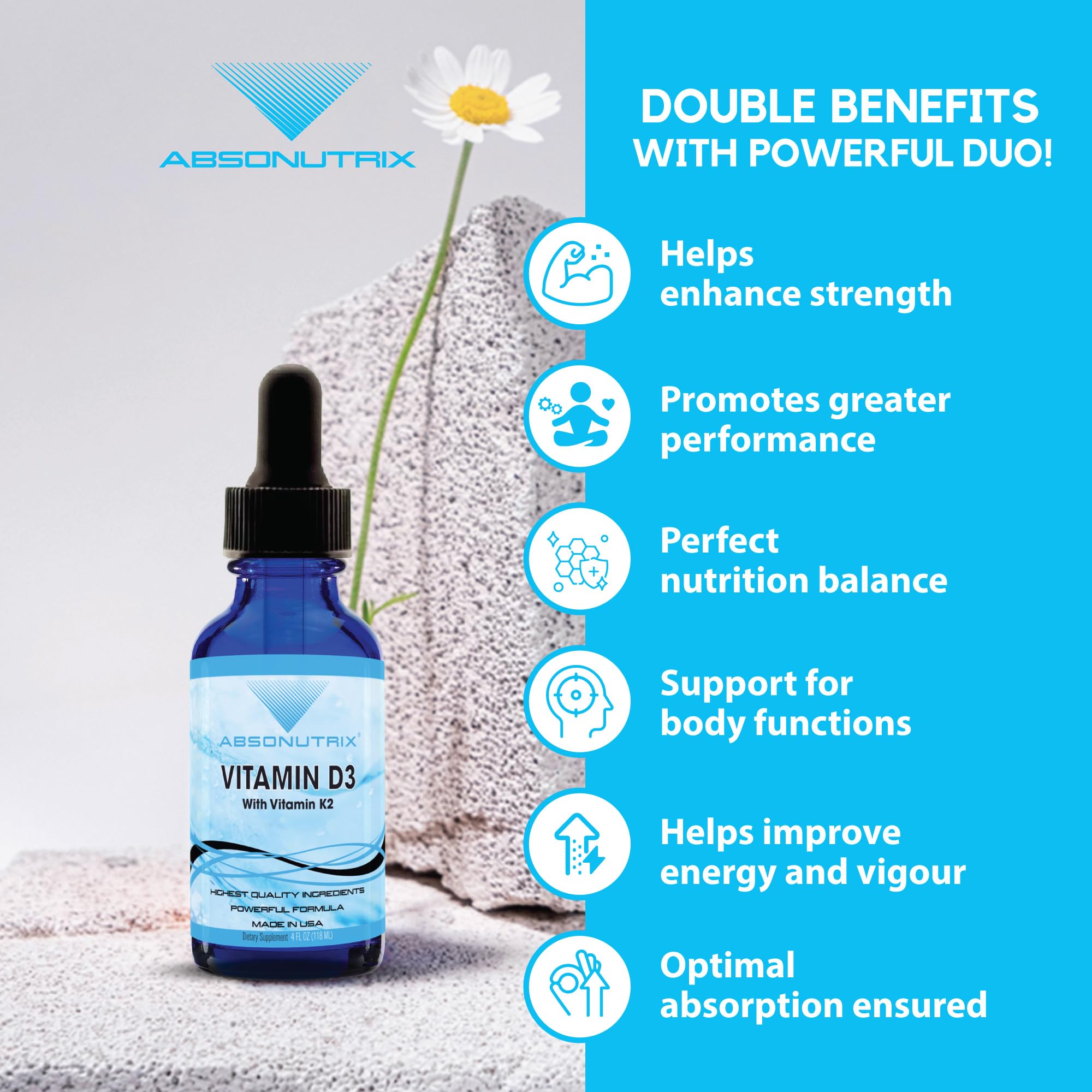 Absonutrix Vitamin D3 K2 Drops, 390mg, 4 Oz Liquid, 302 Servings, Made in USA, Quick Absorption, Quality Potent Ingredients, Non-GMO, GMP Certified, Cruelty-Free Products, Bone Strength Supplements Absonutrix buy supplements canada