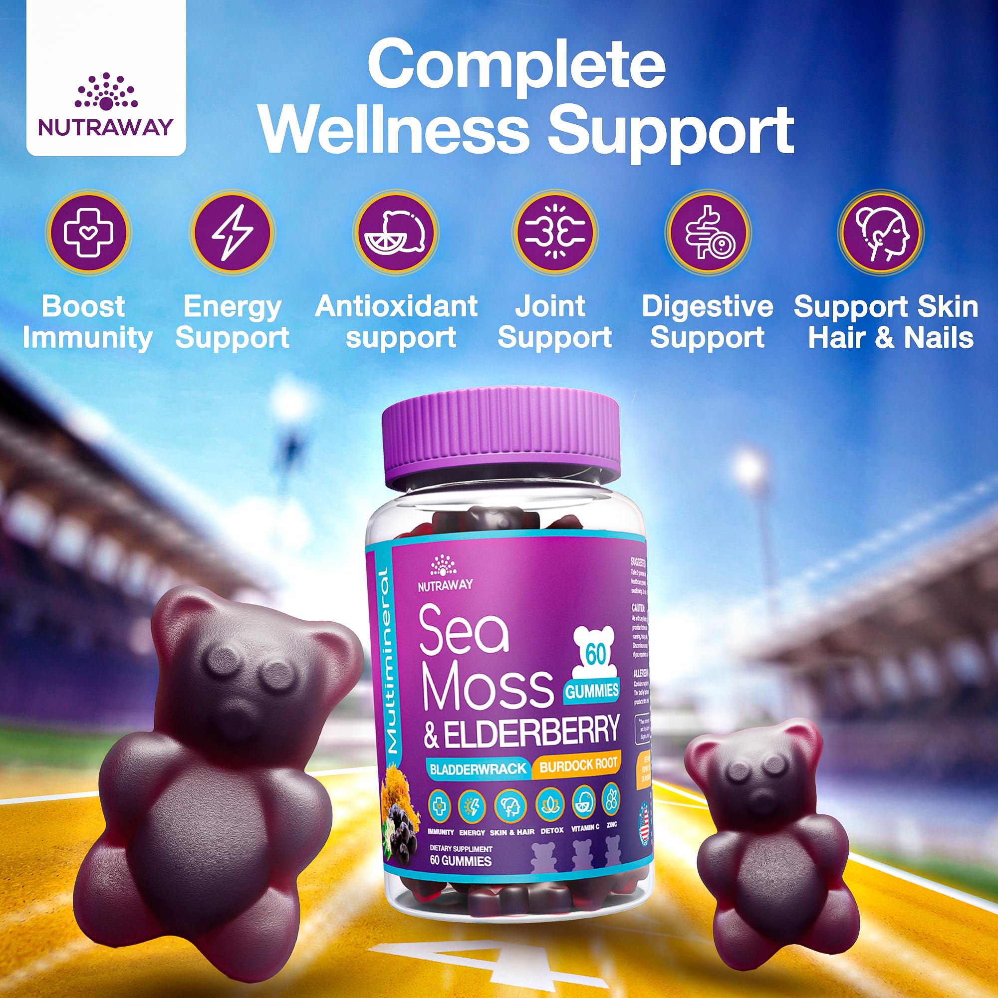 NUTRAWAY LABS Sea Moss Gummies with Elderberry, Vitamin C & Zinc - 102 Minerals from Irish Sea Moss, Bladderwrack & Burdock Root for Immune Support - Vegan Seamoss Supplement (Pack of 1) NUTRAWAY LABS buy supplements canada