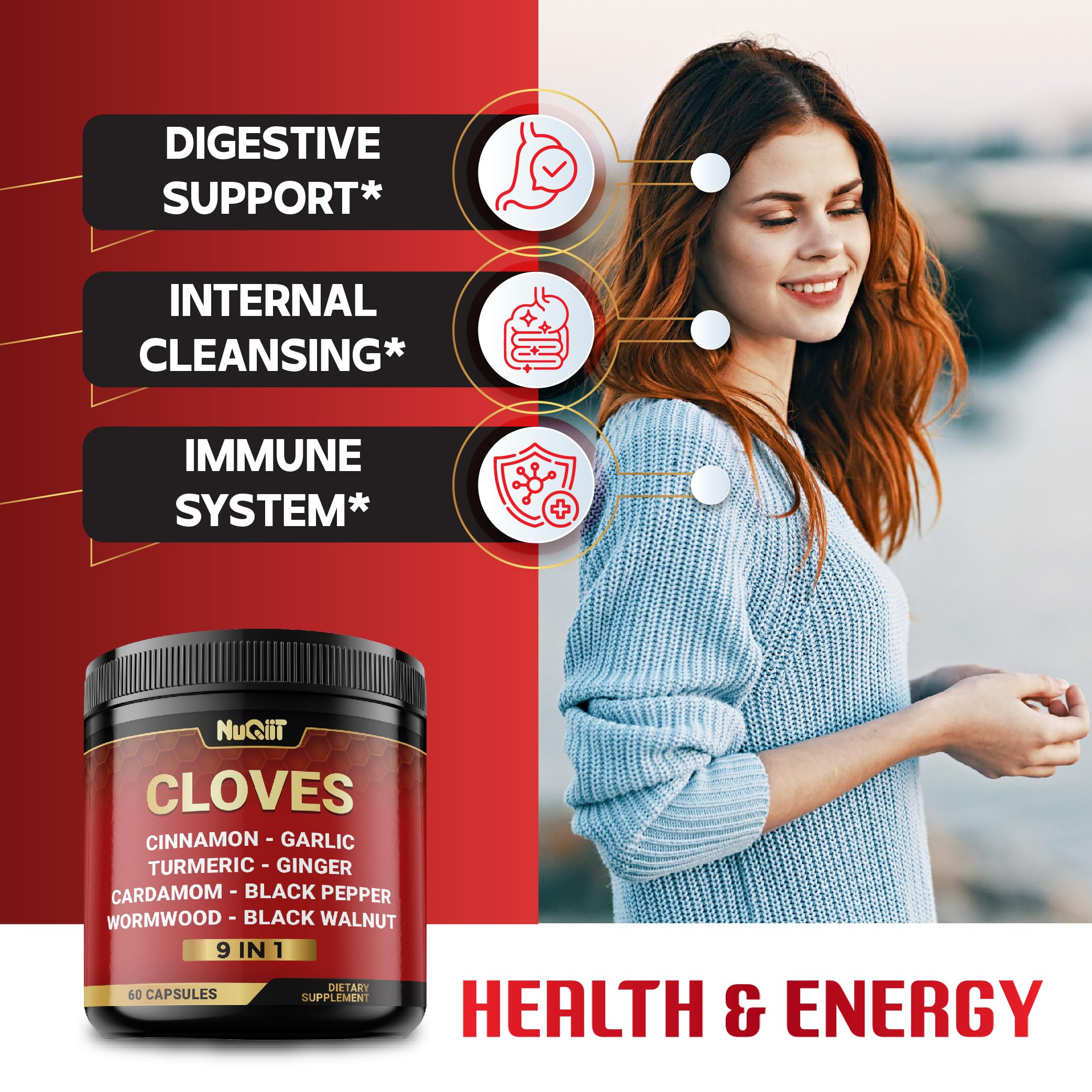 9in1 Clove Supplement Rich in Vitamins & Minerals for Digestive, Immune System, Bone & Heart Health with Cinnamon, Turmeric, Ginger, Cardamom, Garlic, Wormwood, Black Walnut - 60 Capsules - 30 Days NUQIIT buy supplements canada