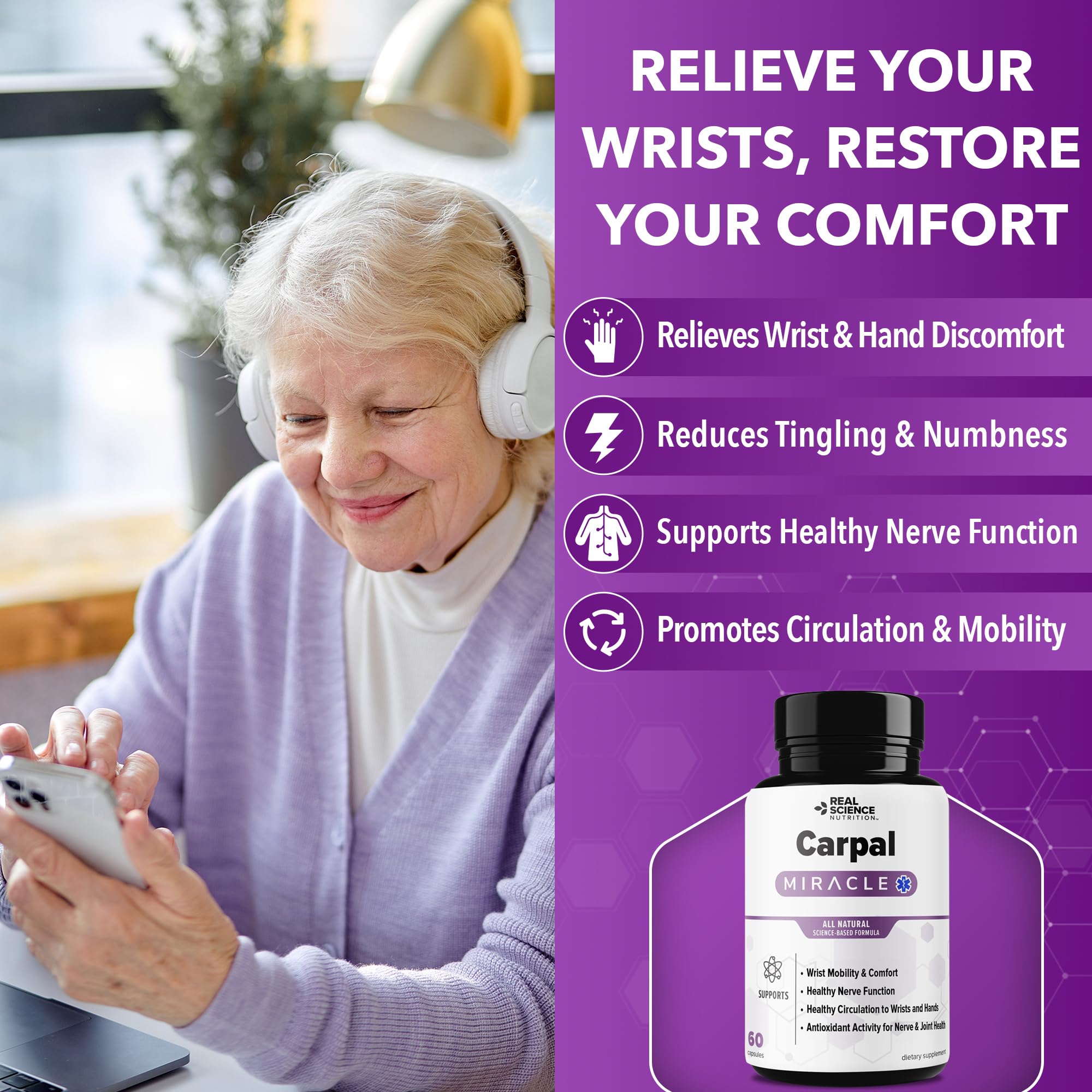 Real Science Carpal Miracle – All Natural Carpal Tunnel Relief & Wrist Support Supplement with Vitamins B6, B12, C, D, K + GABA – Hand & Nerve Comfort – Made in USA, 60 Caps Real Science Nutrition buy supplements canada