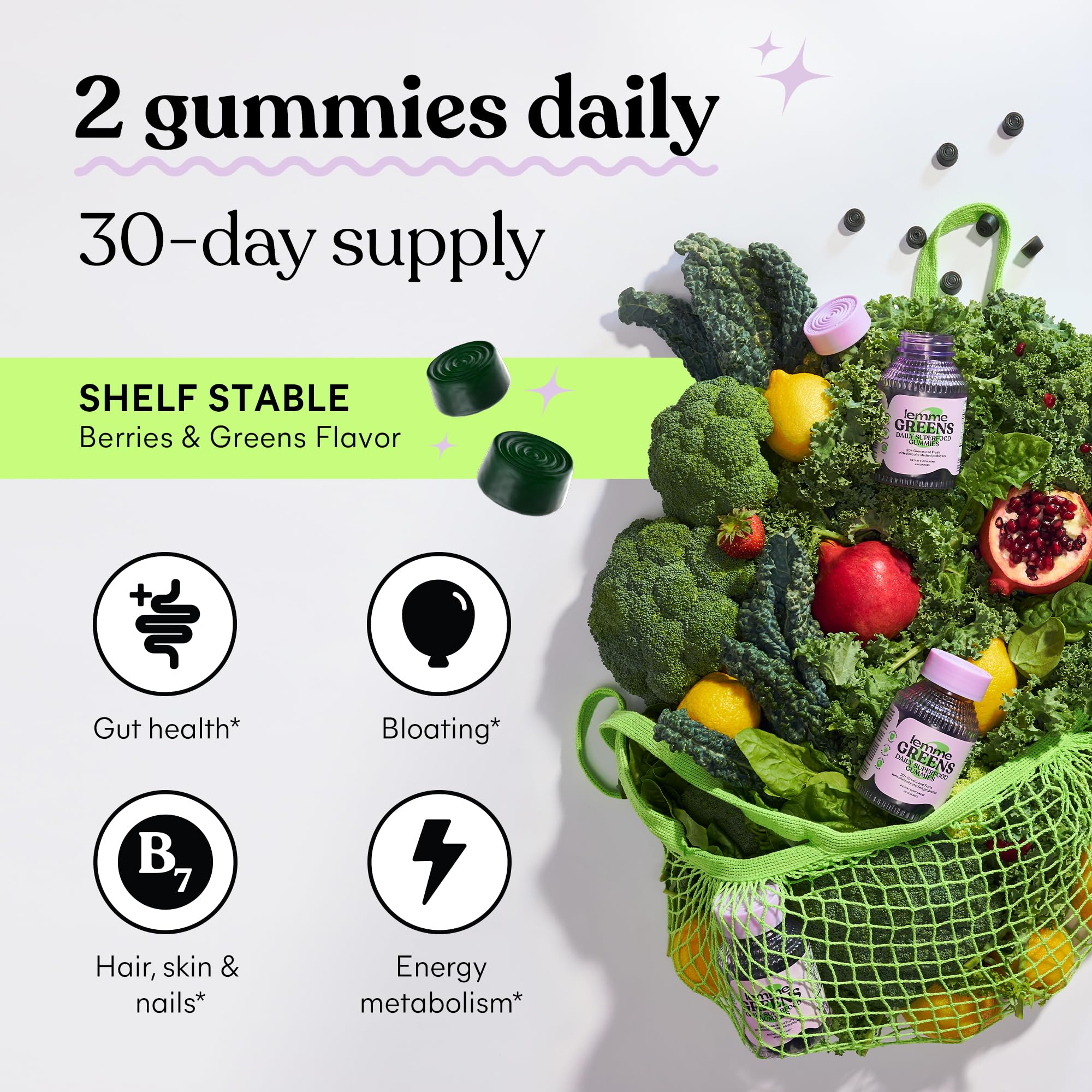 Lemme Greens Superfood Gummies w/Multi - Support Gut Health & Reduce Bloating, 20+ Organic Greens and Superfruits, Clinically Studied Probiotics, D3, B12 - Berries & Greens Flavored (60 Count) Lemme buy supplements canada