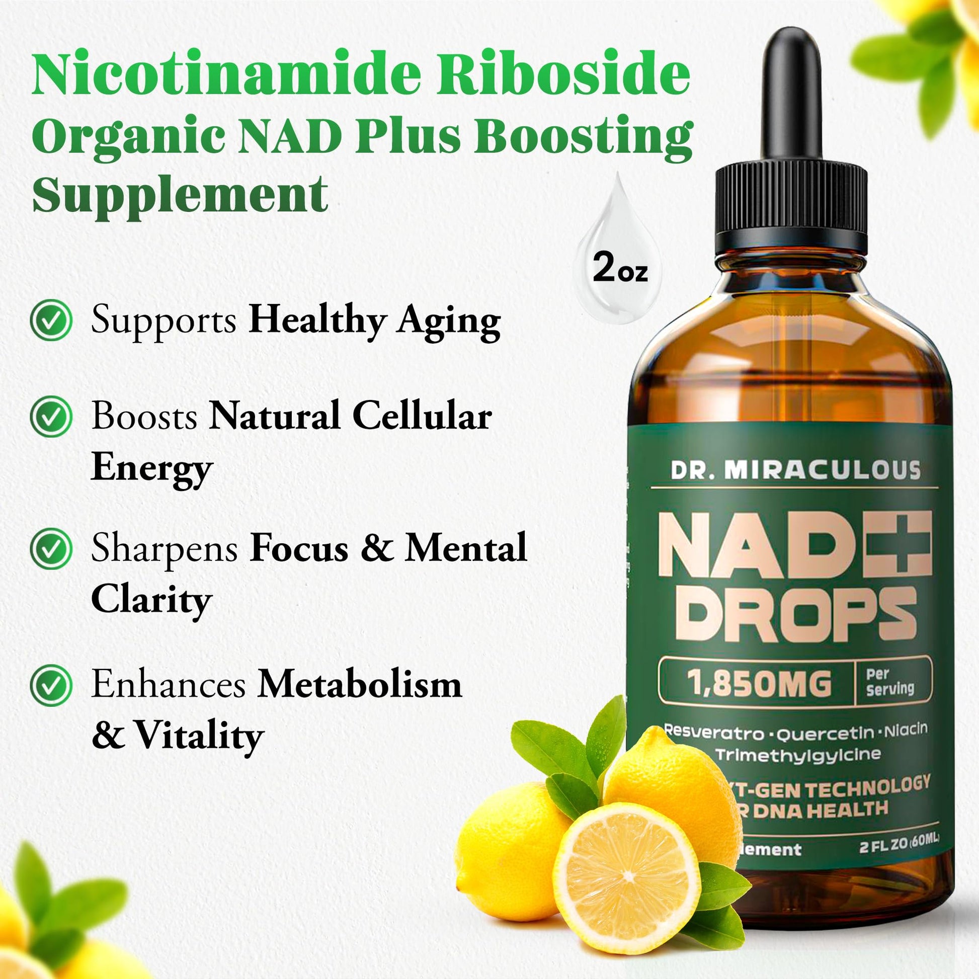 Dr. Miraculous Pure NAD+ Supplements 1850mg Liquid Drops for Women & Man | Nicotinamide Riboside Organic NAD Plus Boosting Supplement - Natural Lemon Flavor Dr. Miraculous buy supplements canada