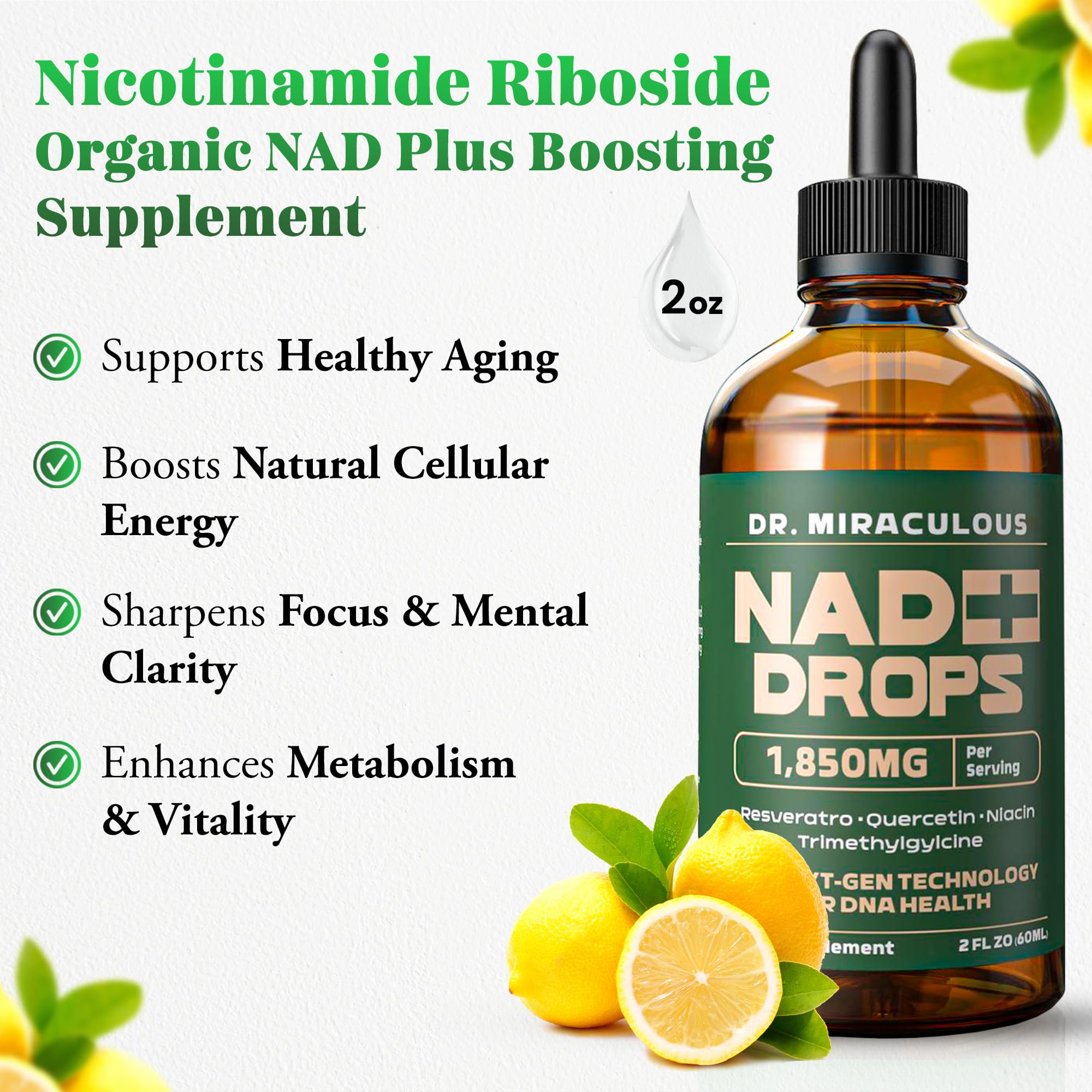 Dr. Miraculous Pure NAD+ Supplements 1850mg Liquid Drops for Women & Man | Nicotinamide Riboside Organic NAD Plus Boosting Supplement - Natural Lemon Flavor Dr. Miraculous buy supplements canada