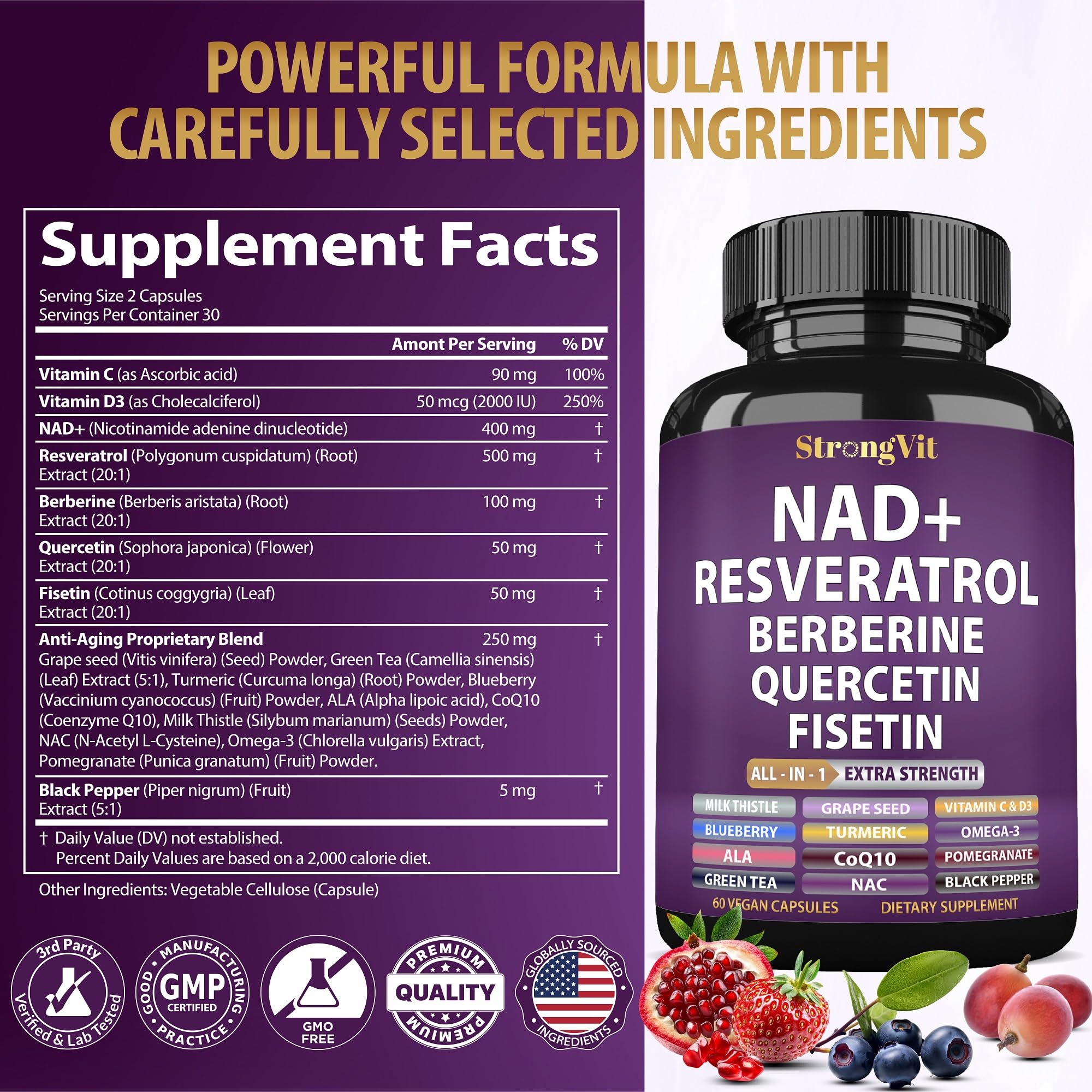 NAD Resveratrol Supplement with Berberine, Quercetin, CoQ10. Anti-Aging Formula for Women & Men. Liposomal NAD Plus, NAD+ Booster, Pure Organic Vitamin, USA StrongVit buy supplements canada