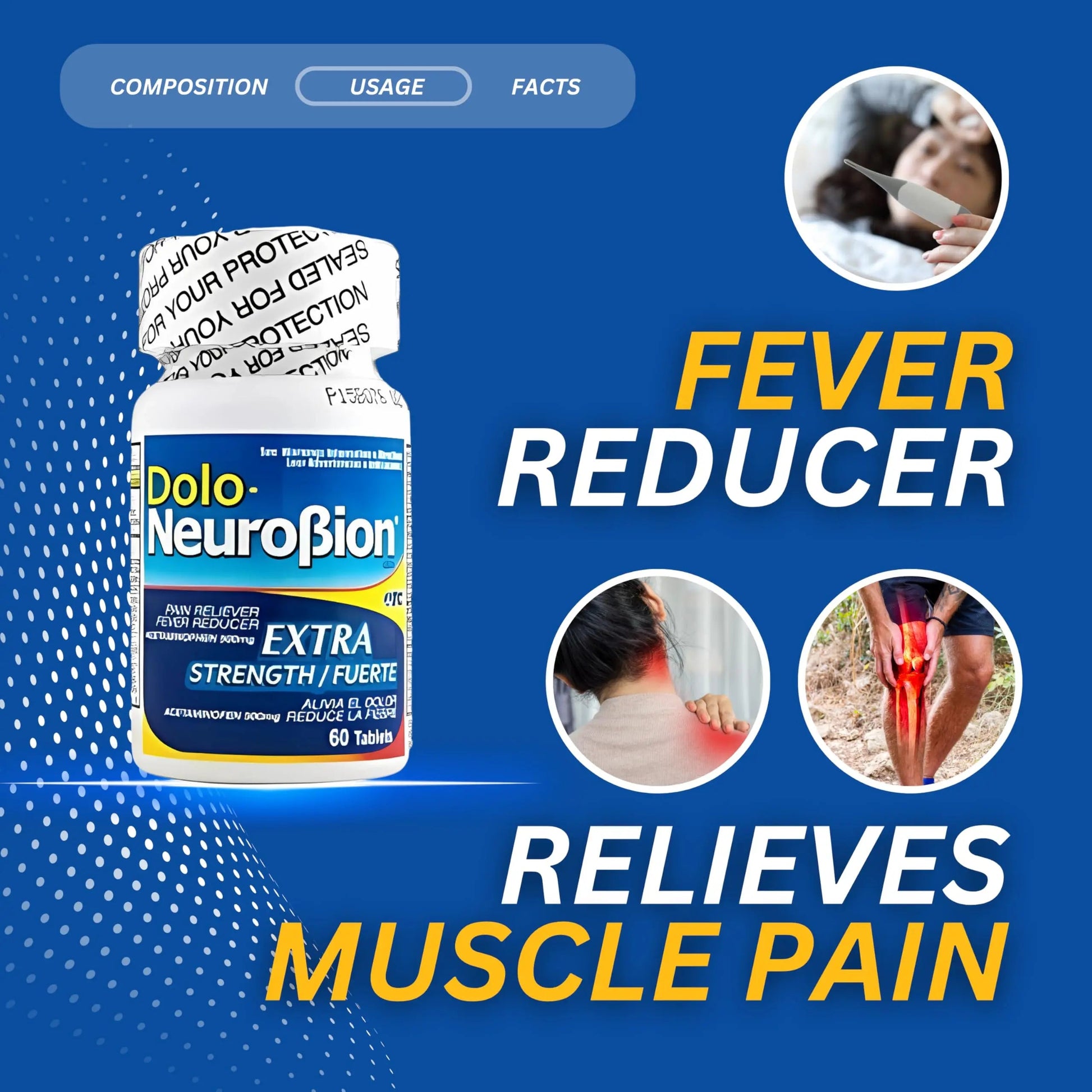 Dolo Neurobion Pain Reliever, Fever Reducer, Extra Strength. Alivia el Dolor,Reduce la Fiebre, Extra Fuerte. 60 Tablets. Acetaminophen 500 mg Neurobion buy supplements canada