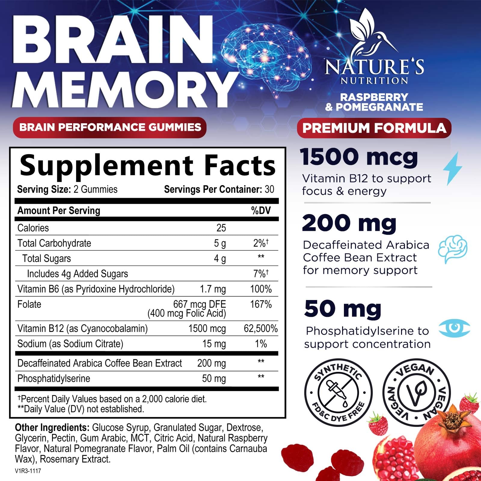 Brain Supplements for Memory & Focus Gummies - Brain Health Clarity with B6 B12 & Phosphatidylserine - Natural Nootropics Cognitive Concentration & Alertness Support Vitamins - 60 Vegan Gummies Nature's Nutrition buy supplements canada